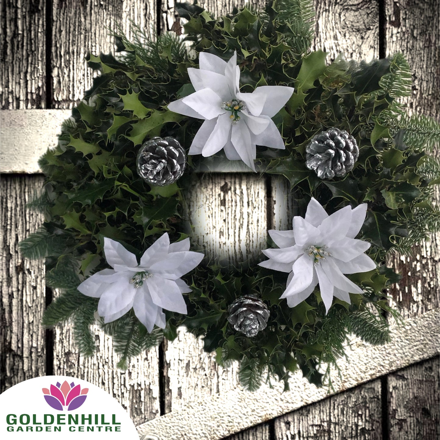 Traditional Holly Wreath with Christmas Flowers & Pine Cones