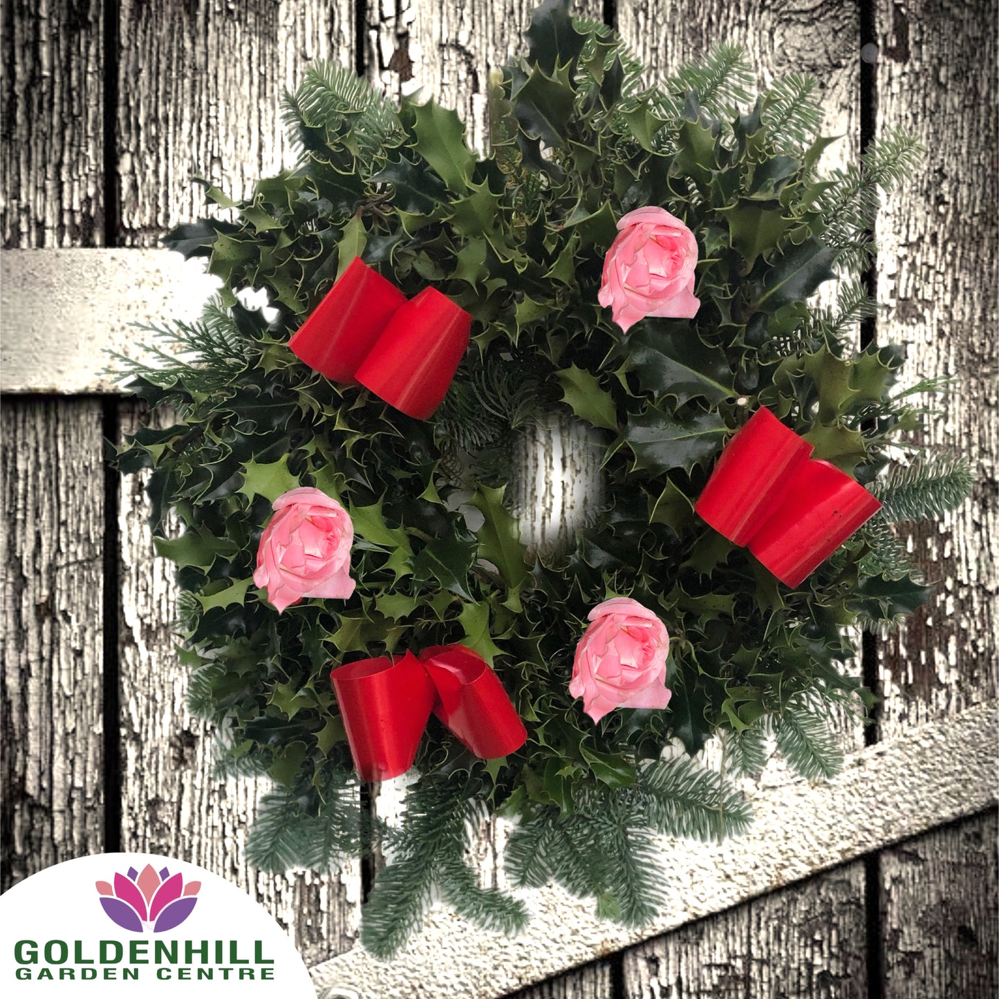 Traditional Holly Wreath Small with Flowers & Ribbons