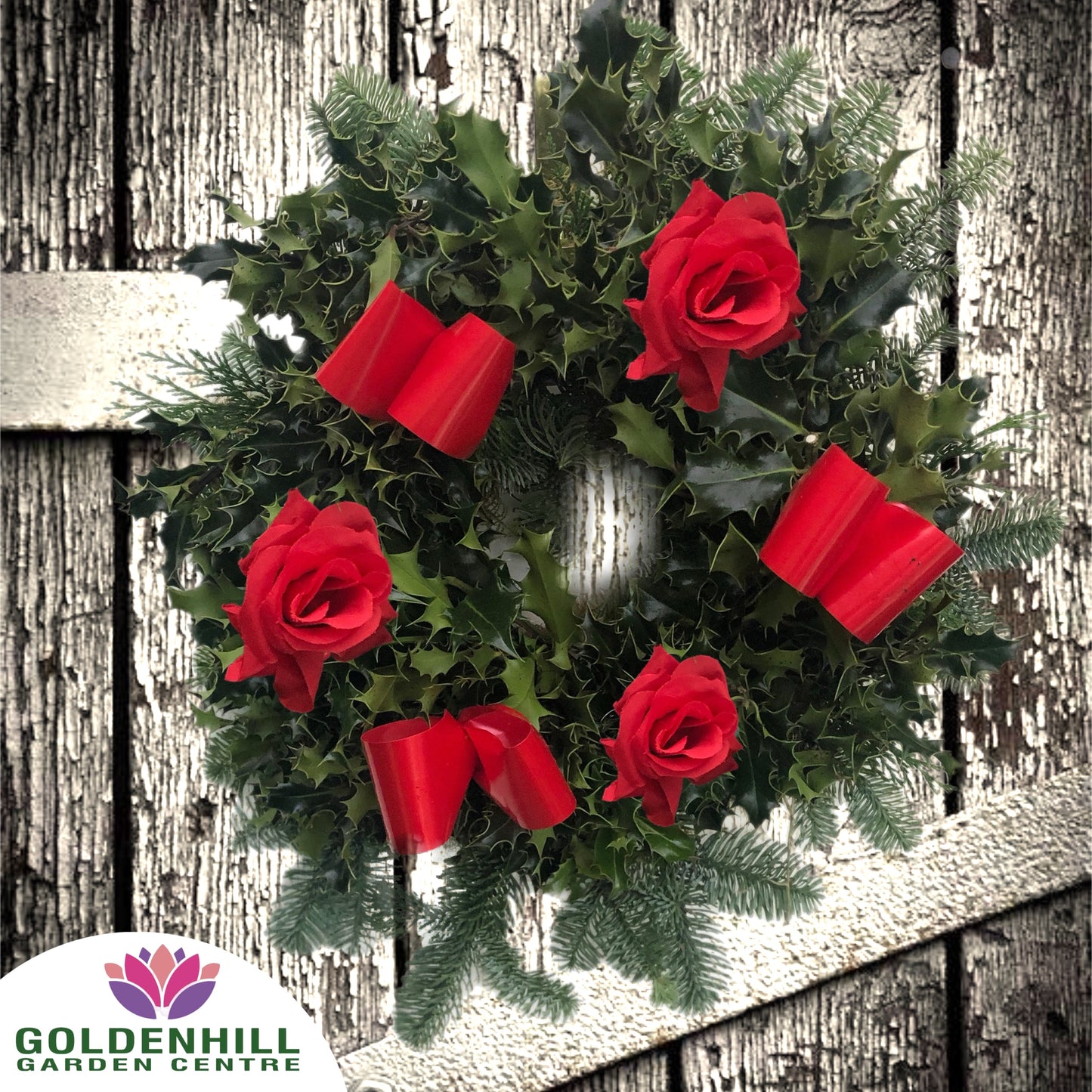 Traditional Holly Wreath Small with Flowers & Ribbons