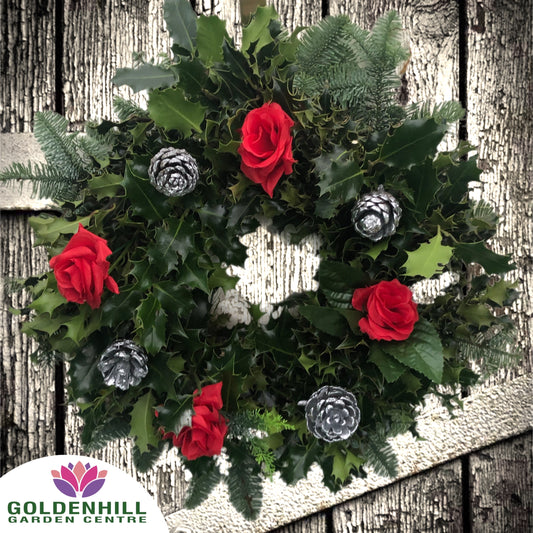 Traditional Holly Wreath with Flowers & Pine Cones