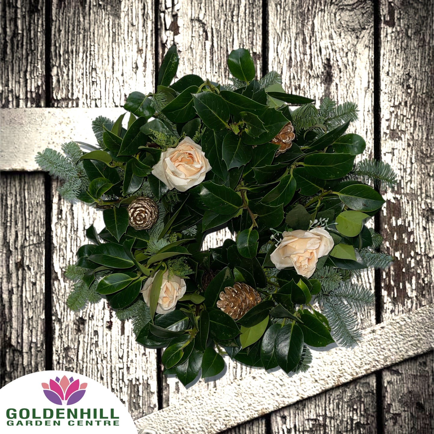 Traditional Holly Wreath with Flowers & Pine Cones