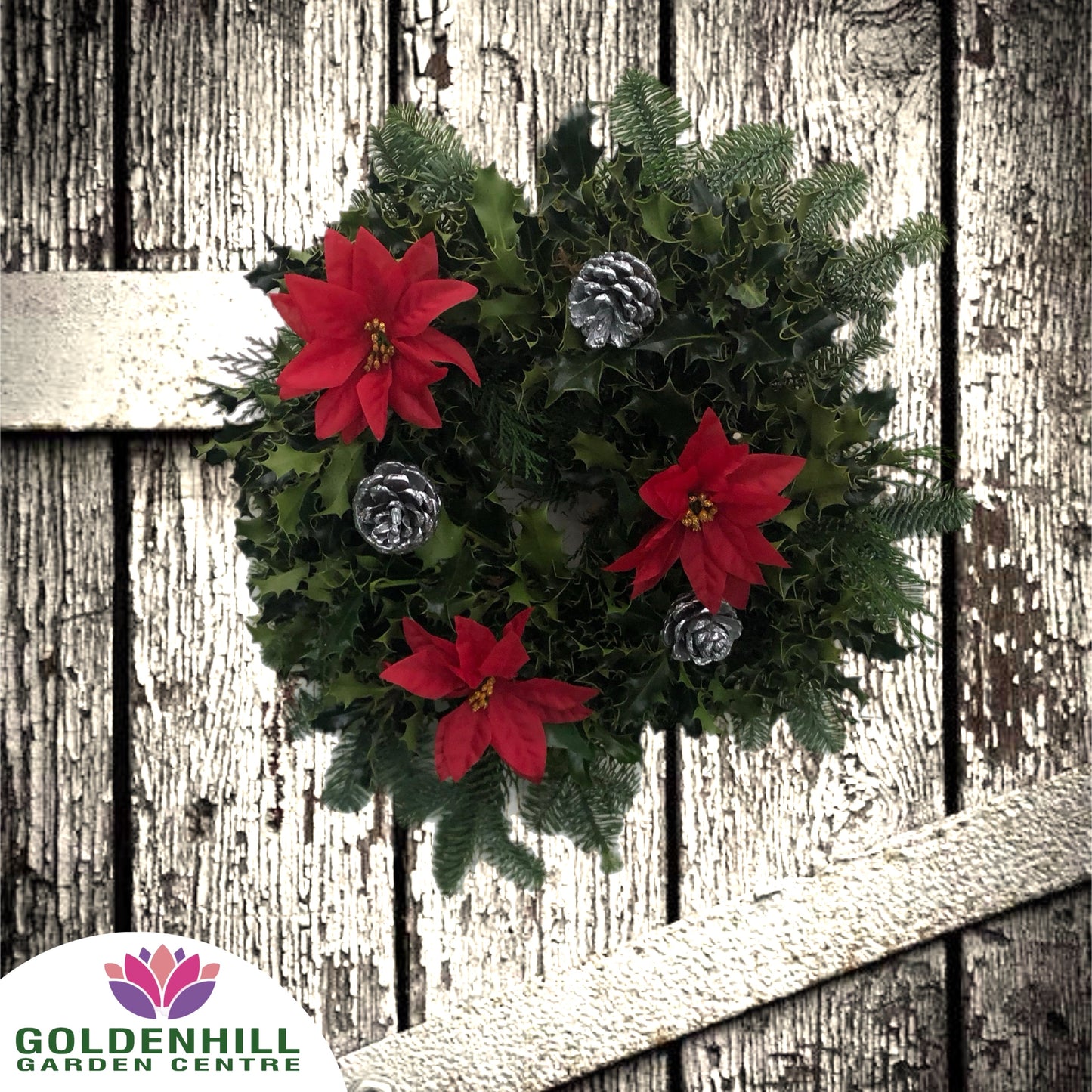 Traditional Holly Wreath with Christmas Flowers & Pine Cones
