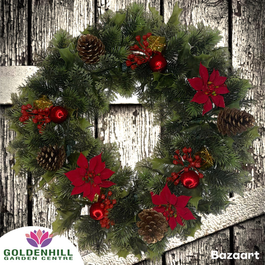 Christmas Artificial Holly Wreath With Red Poinsettias