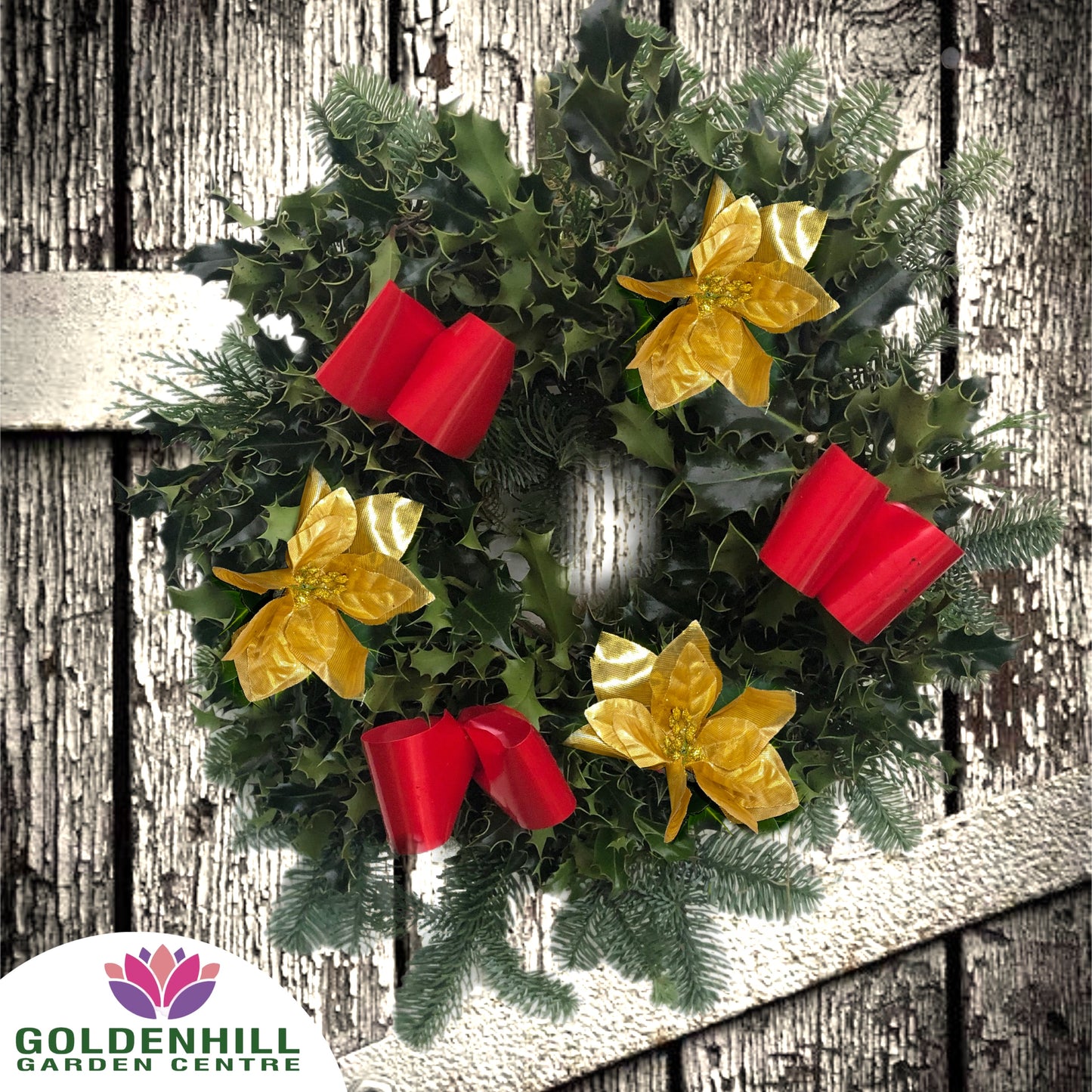 Traditional Holly Wreath with Ribbons & Christmas flowers