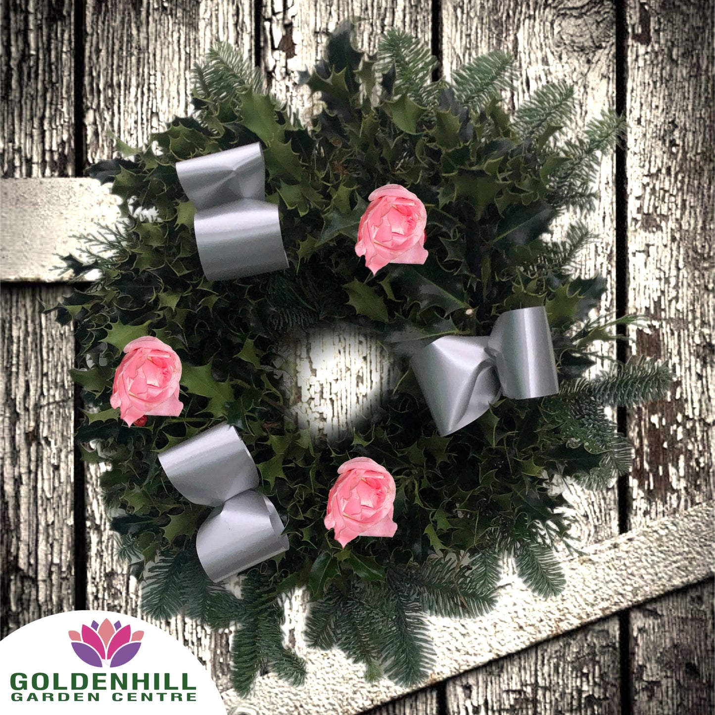 Traditional Holly Wreath Small with Flowers & Ribbons