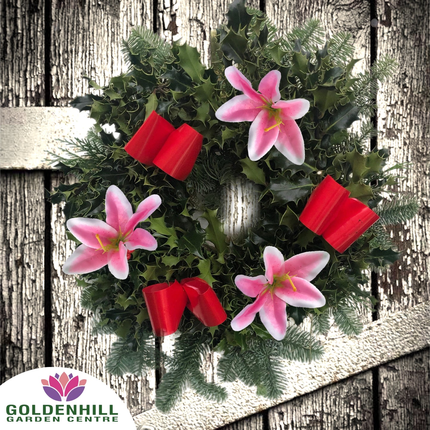Traditional Holly Wreath Small with Flowers & Ribbons