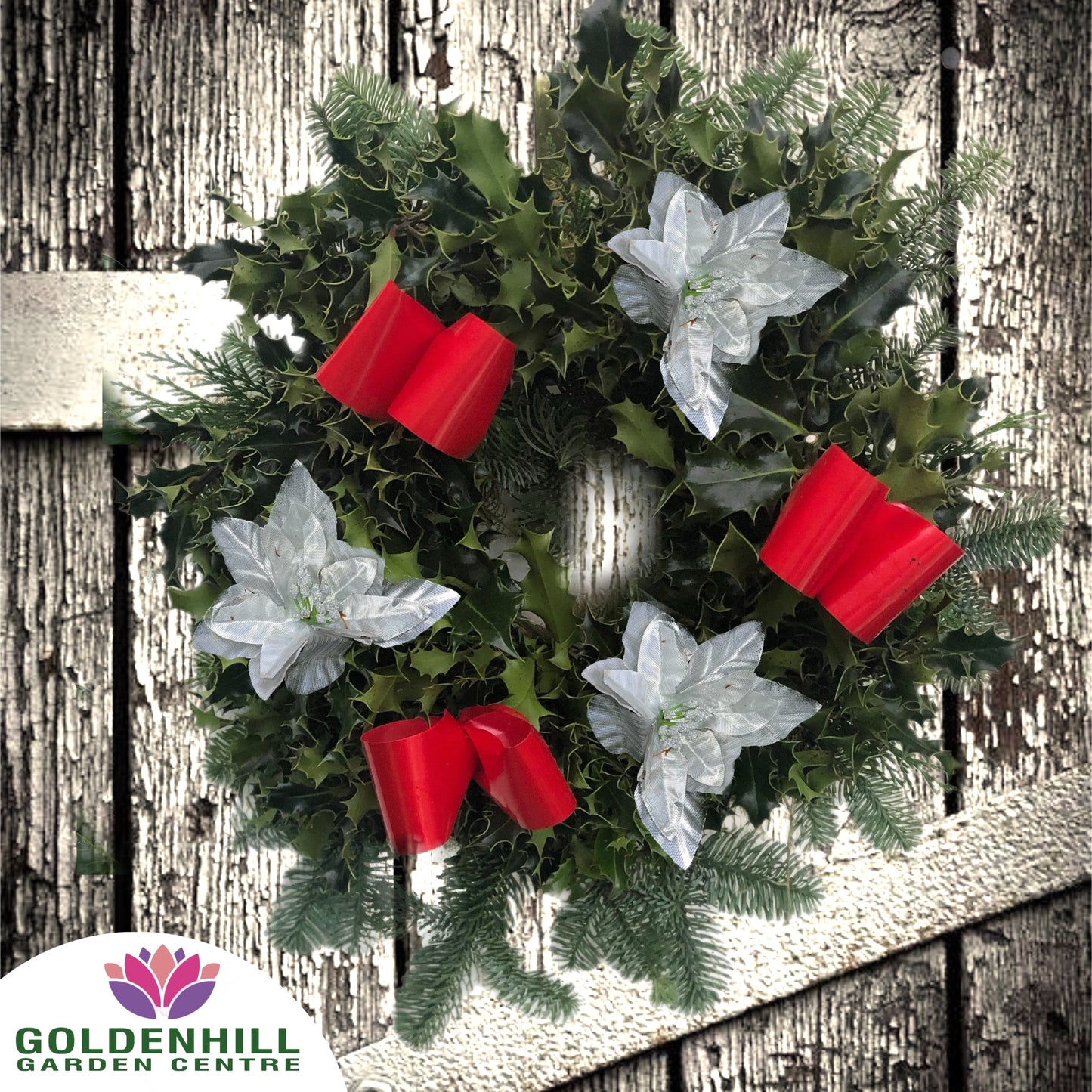 Traditional Holly Wreath with Ribbons & Christmas flowers