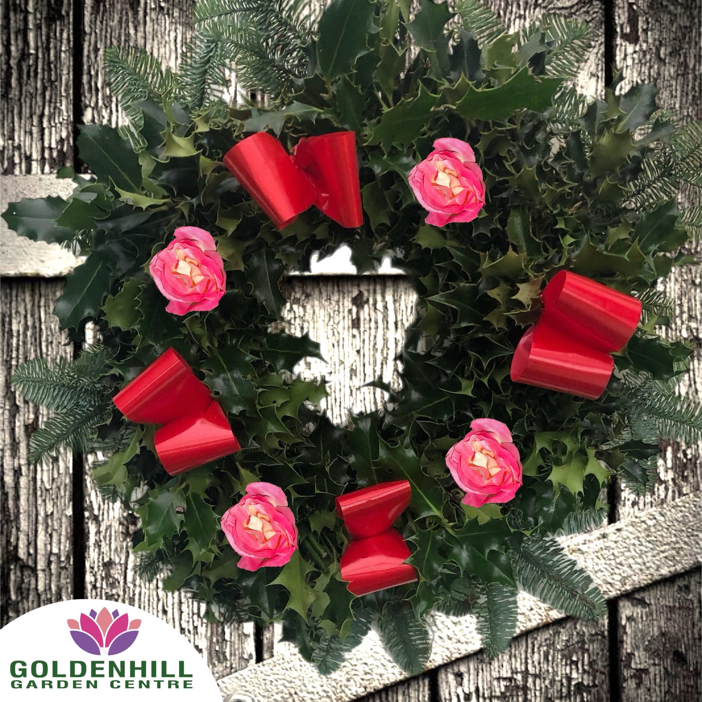 Traditional Holly Wreath Large with Flowers & Ribbons