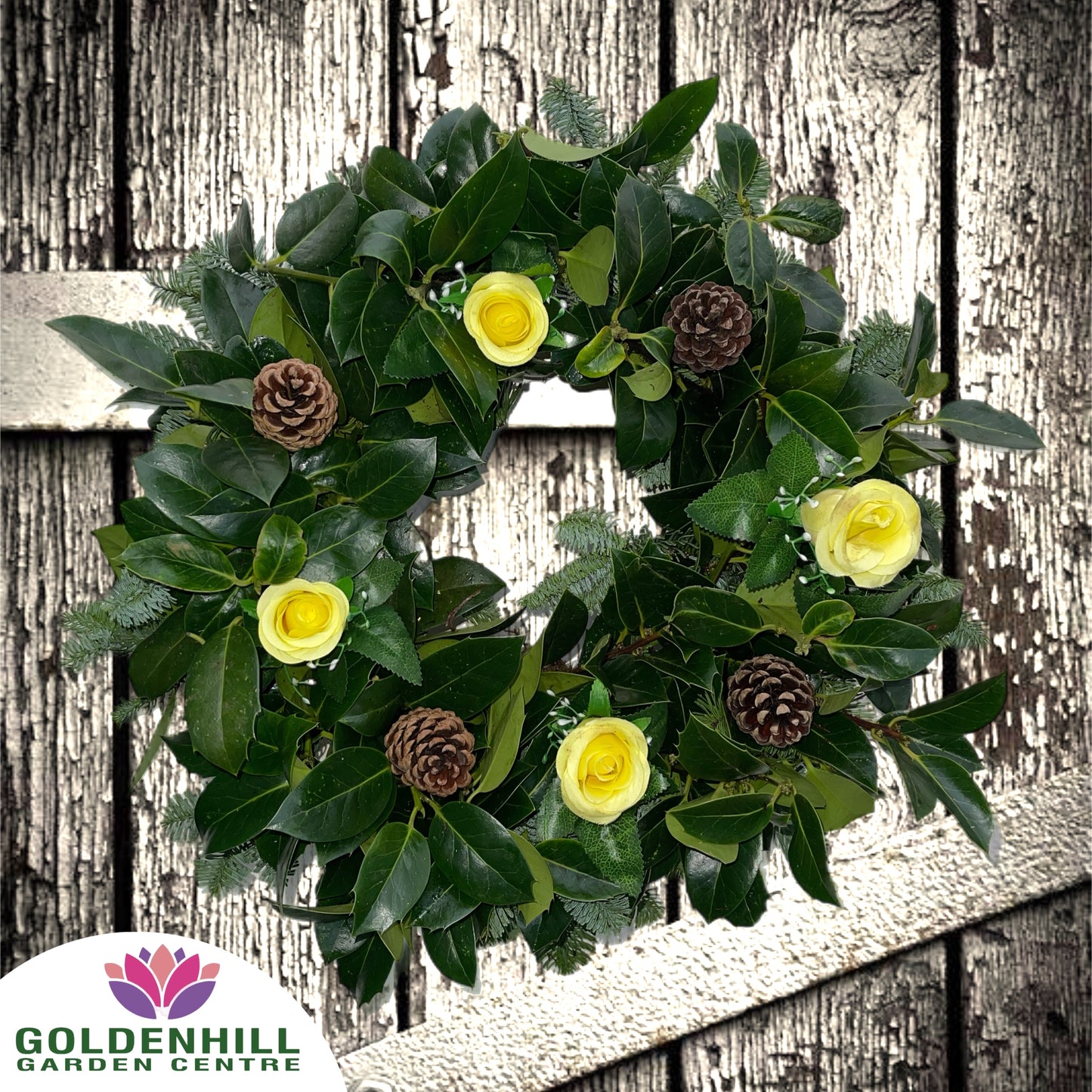 Traditional Holly Wreath with Flowers & Pine Cones