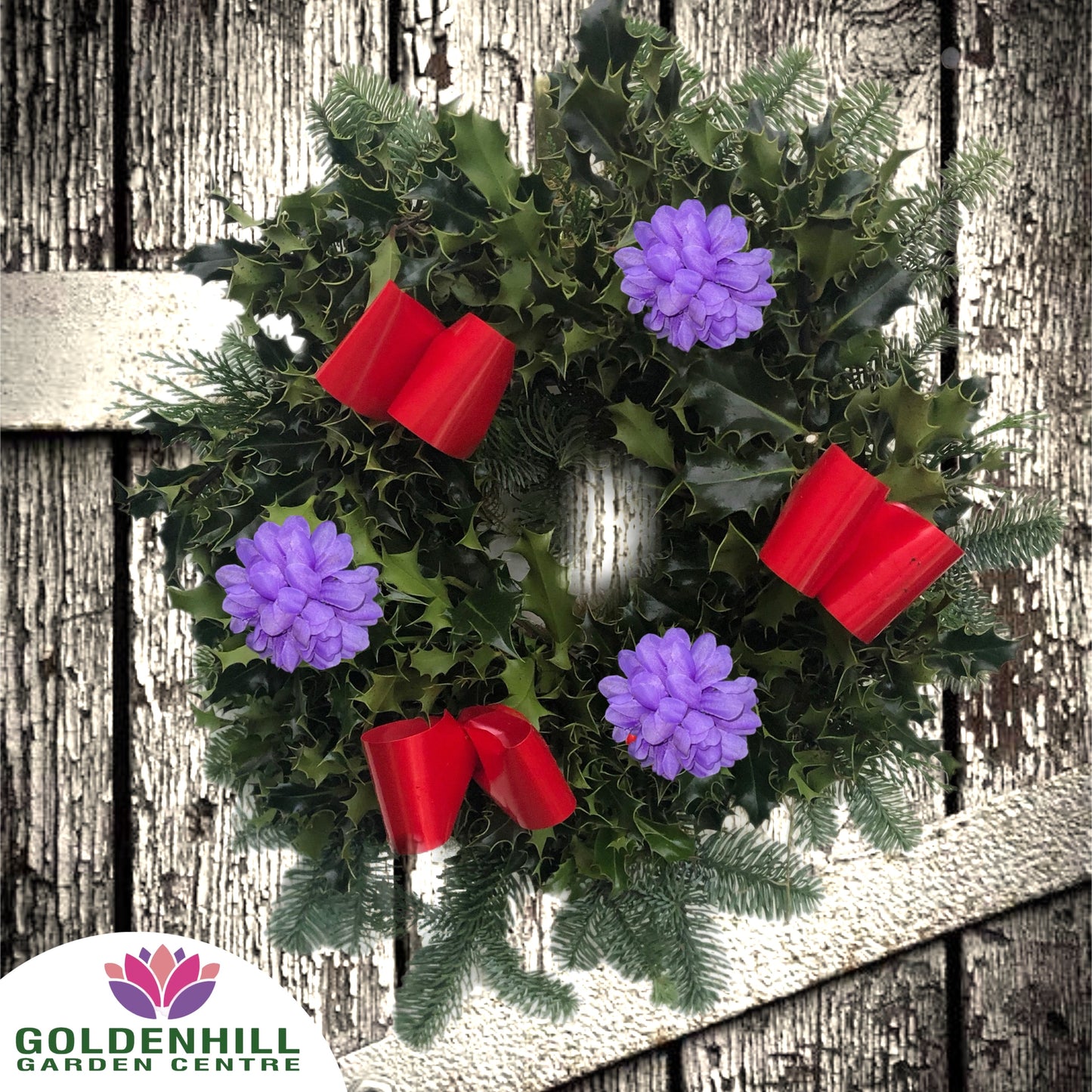 Traditional Holly Wreath Small with Flowers & Ribbons