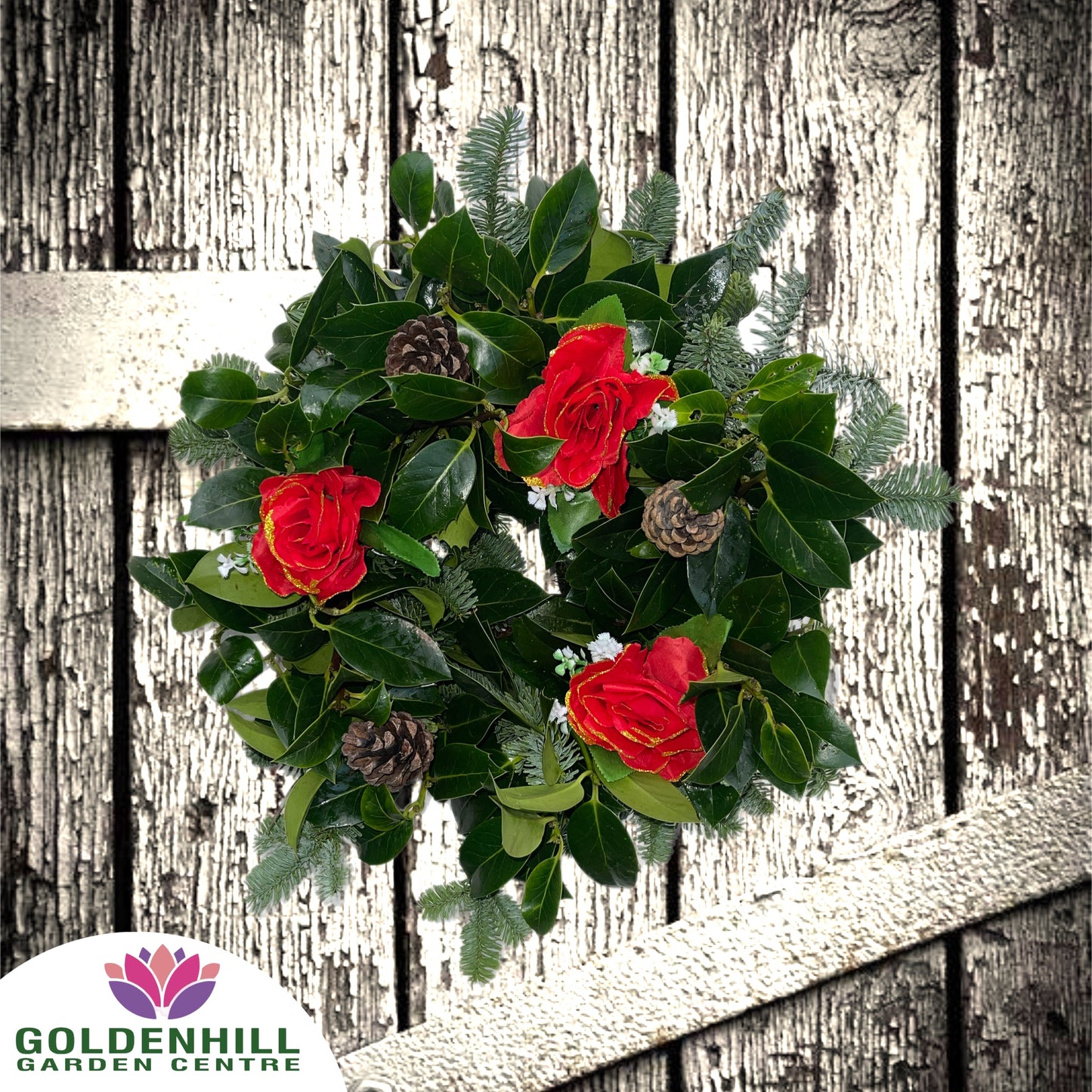 Traditional Holly Wreath with Christmas Flowers & Pine Cones