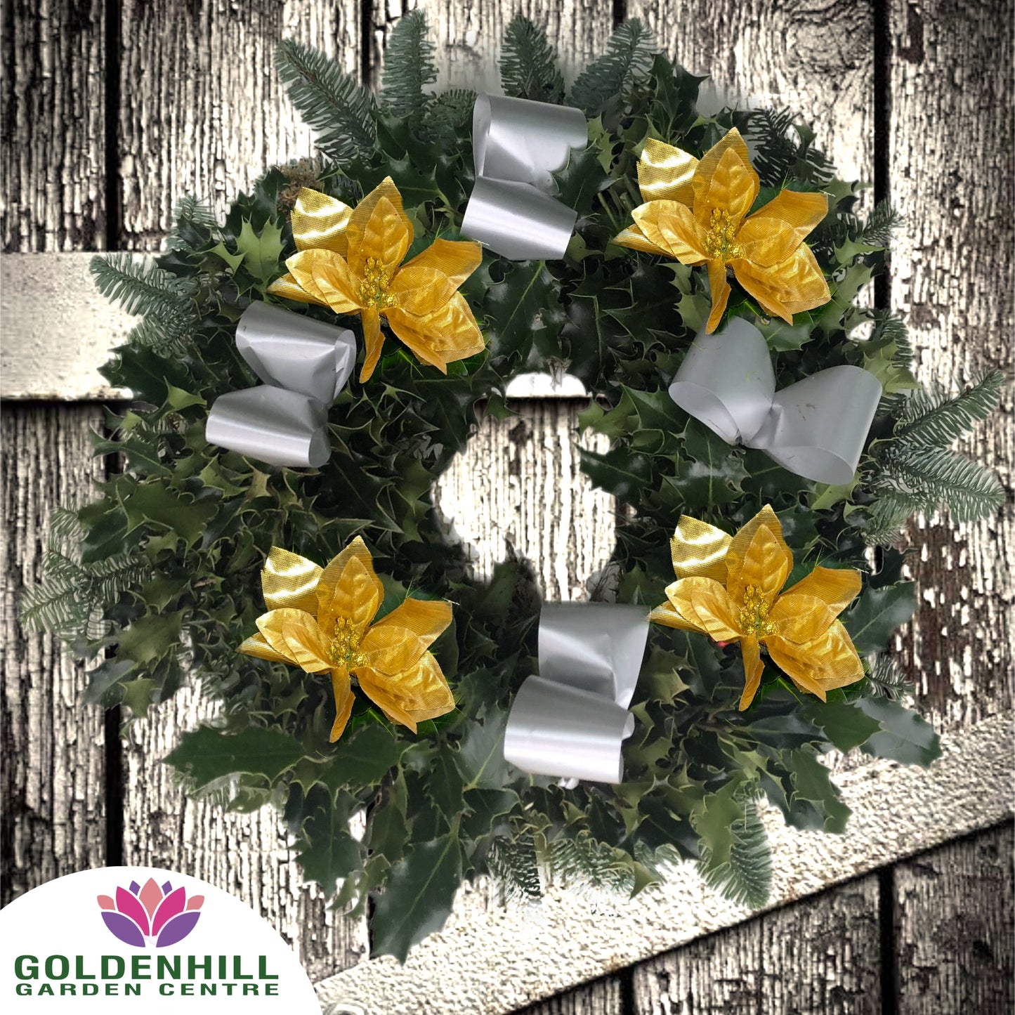 Traditional Holly Wreath with Ribbons & Christmas flowers