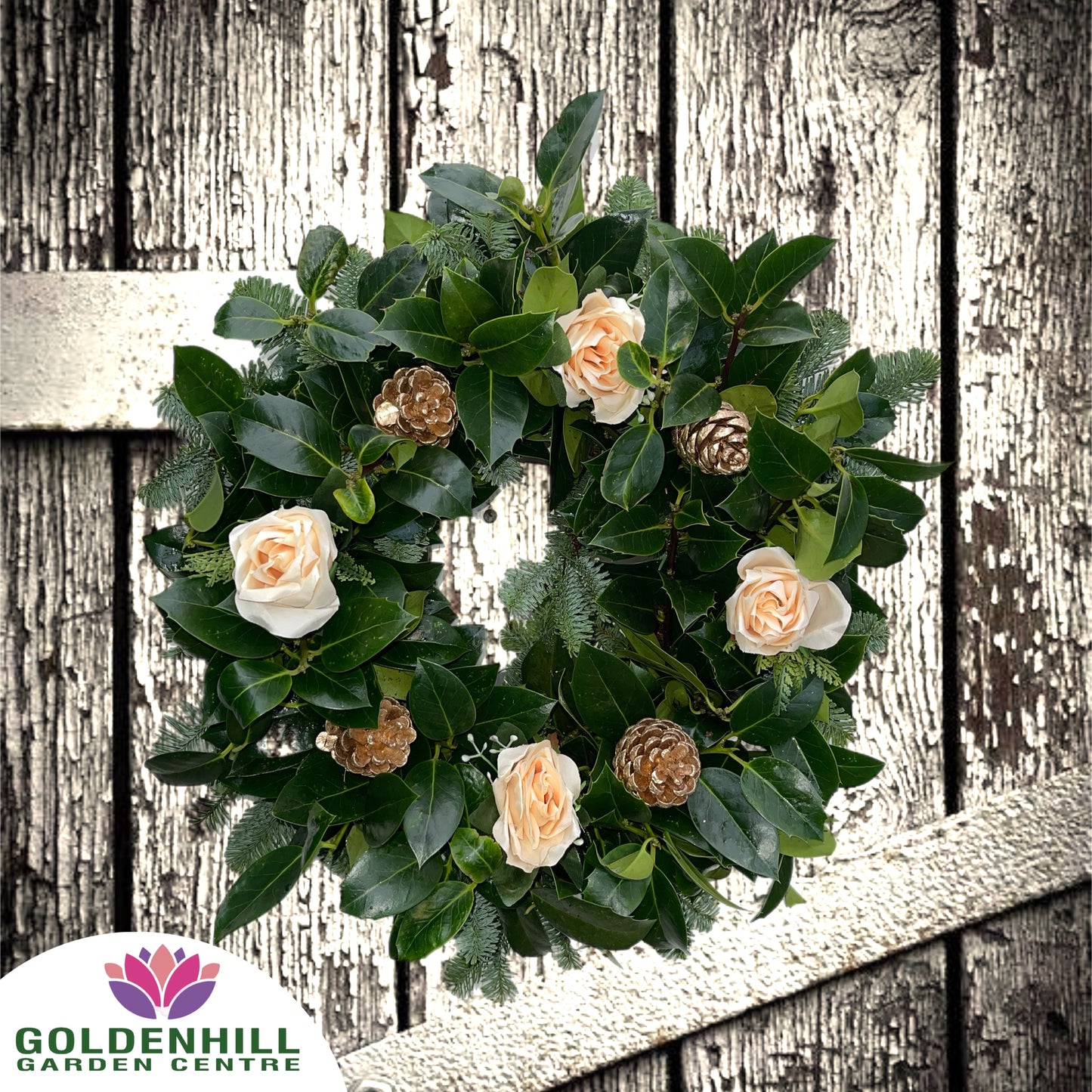 Traditional Holly Wreath with Flowers & Pine Cones