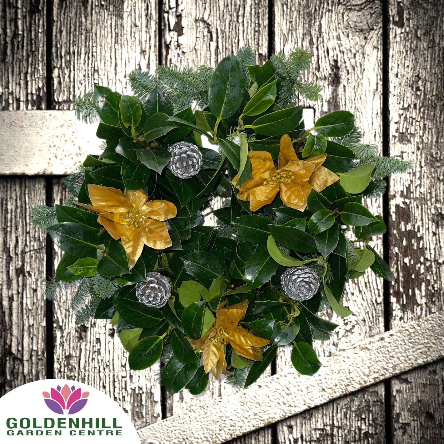 Traditional Holly Wreath with Christmas Flowers & Pine Cones