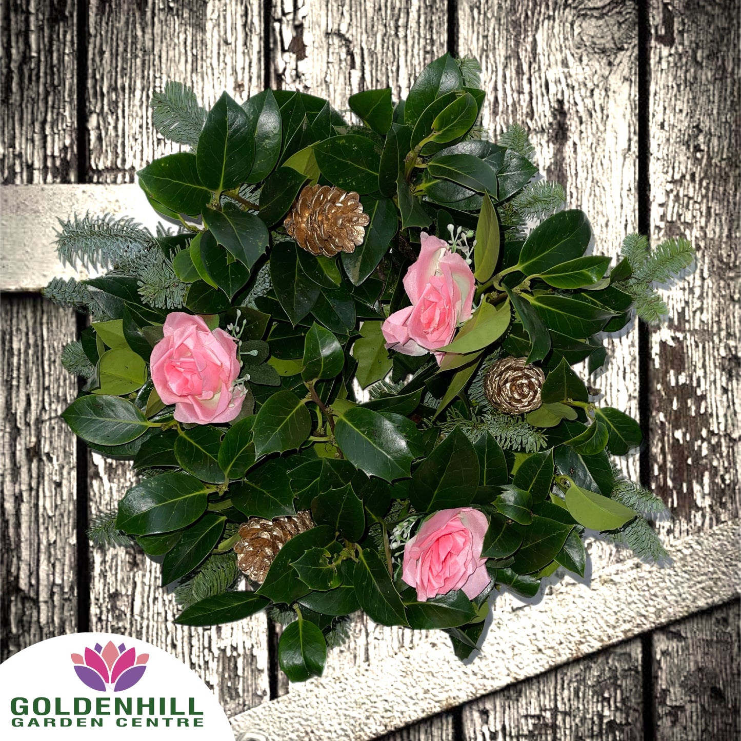 Traditional Holly Wreath with Flowers & Pine Cones