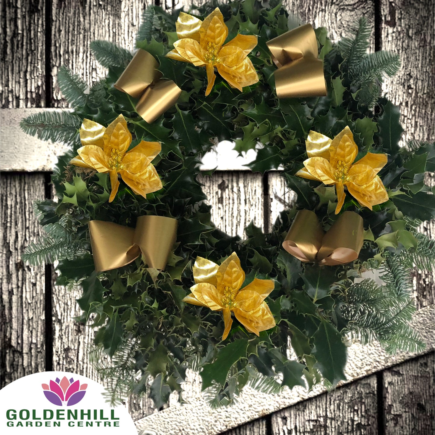 Traditional Holly Wreath with Ribbons & Christmas flowers