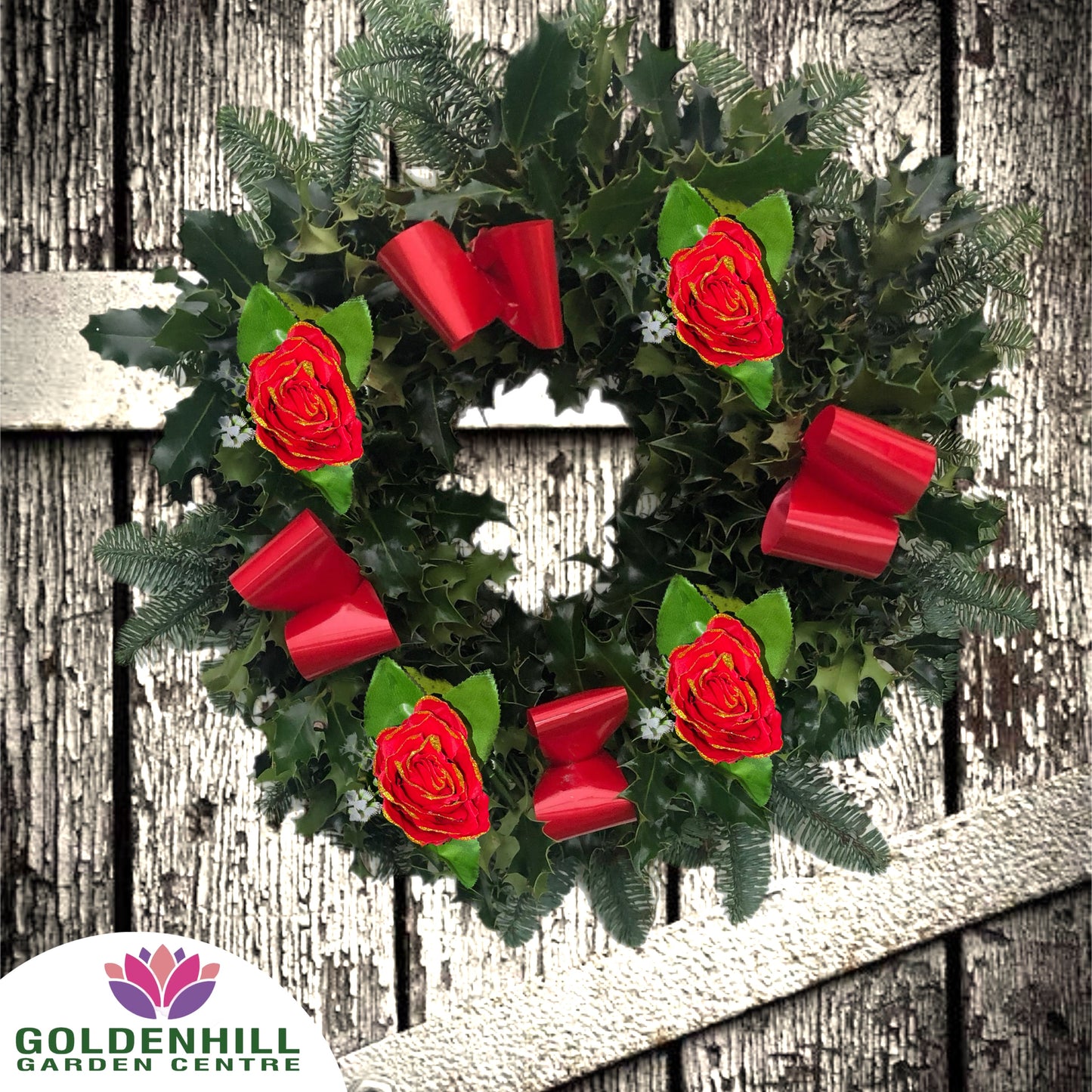 Traditional Holly Wreath with Ribbons & Christmas flowers