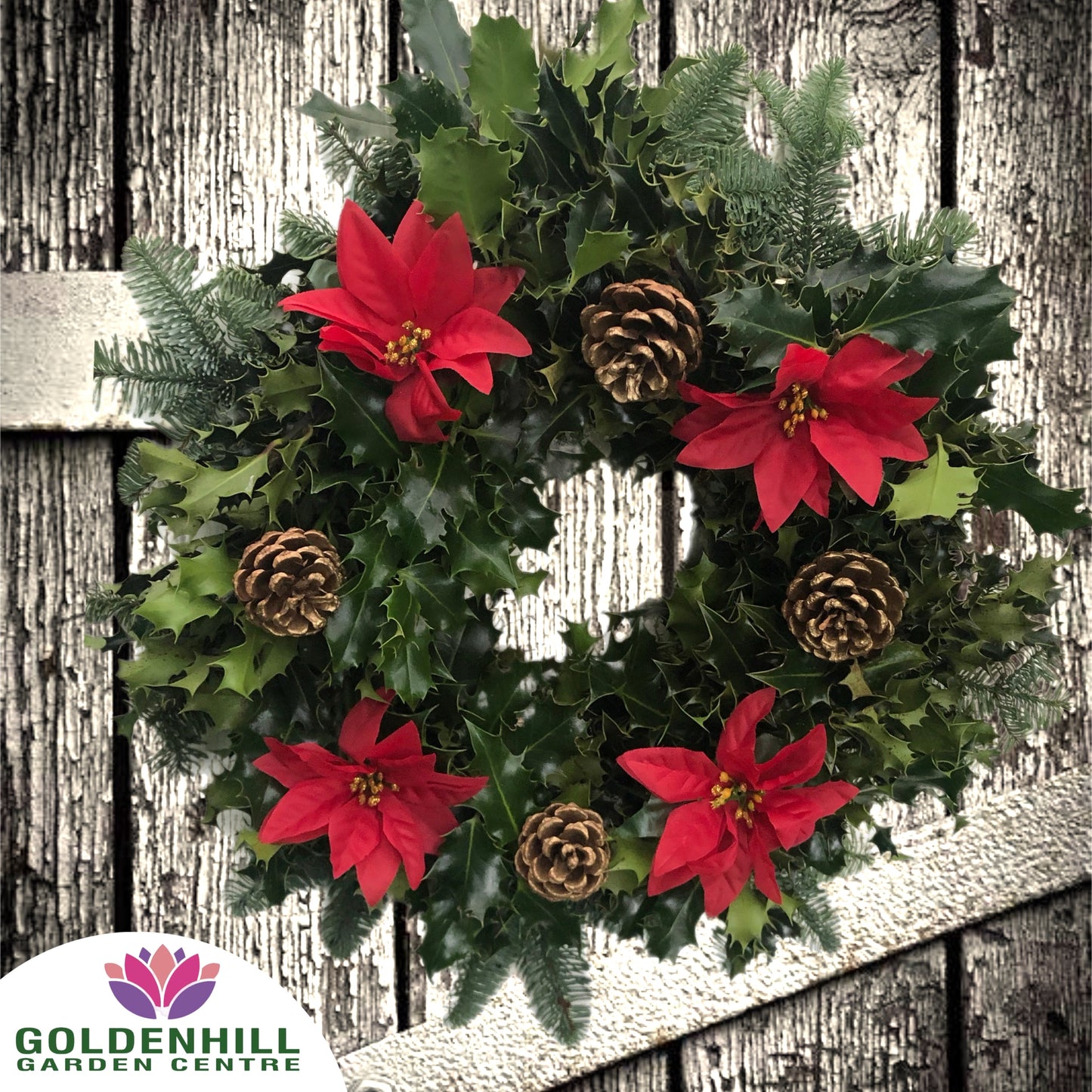 Traditional Holly Wreath with Christmas Flowers & Pine Cones