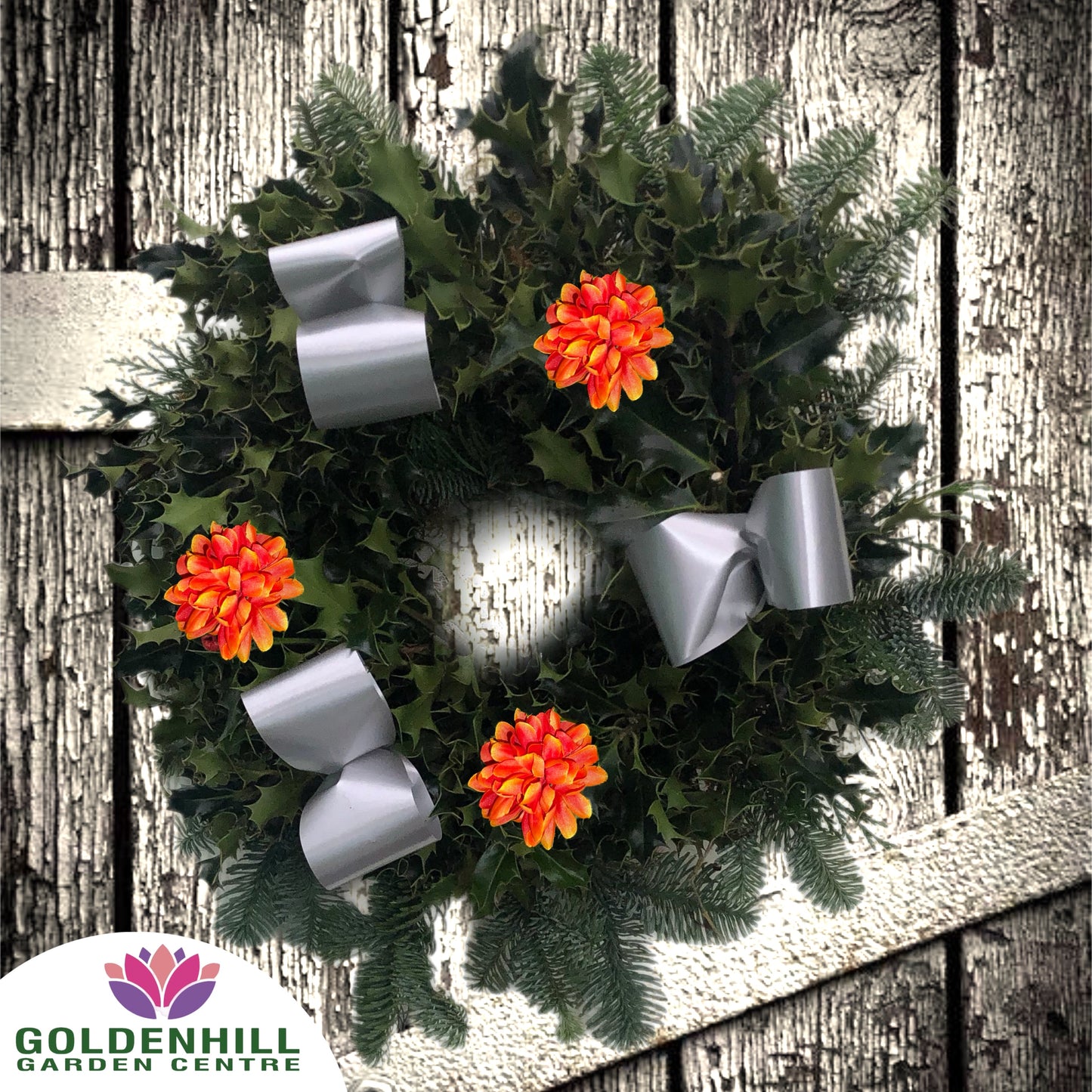 Traditional Holly Wreath Small with Flowers & Ribbons