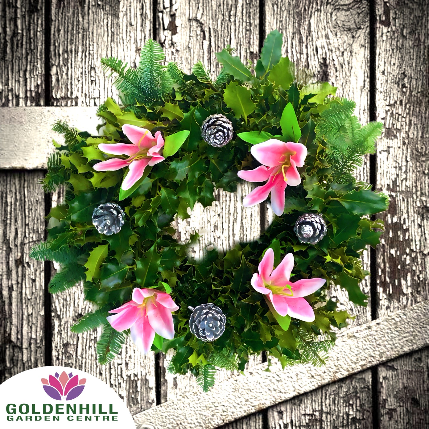 Traditional Holly Wreath with Flowers & Pine Cones