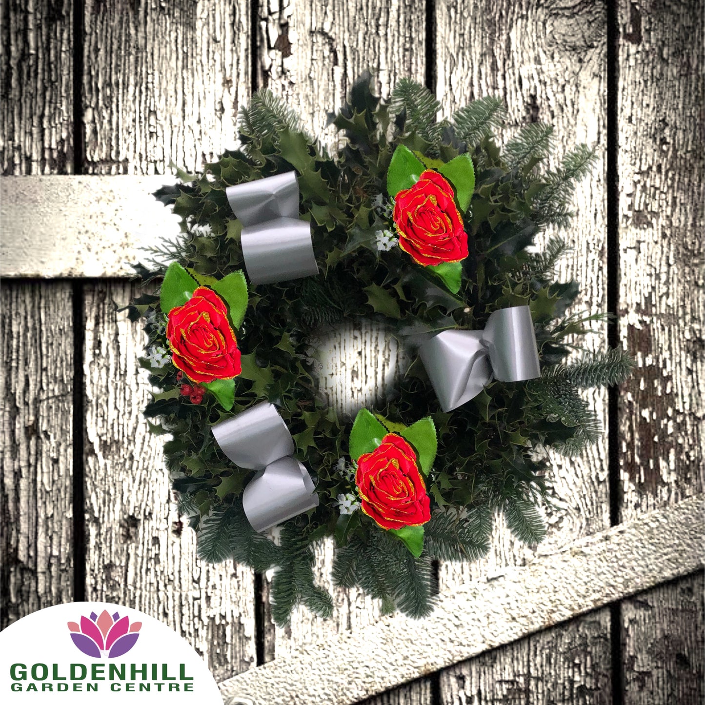 Traditional Holly Wreath with Ribbons & Christmas flowers