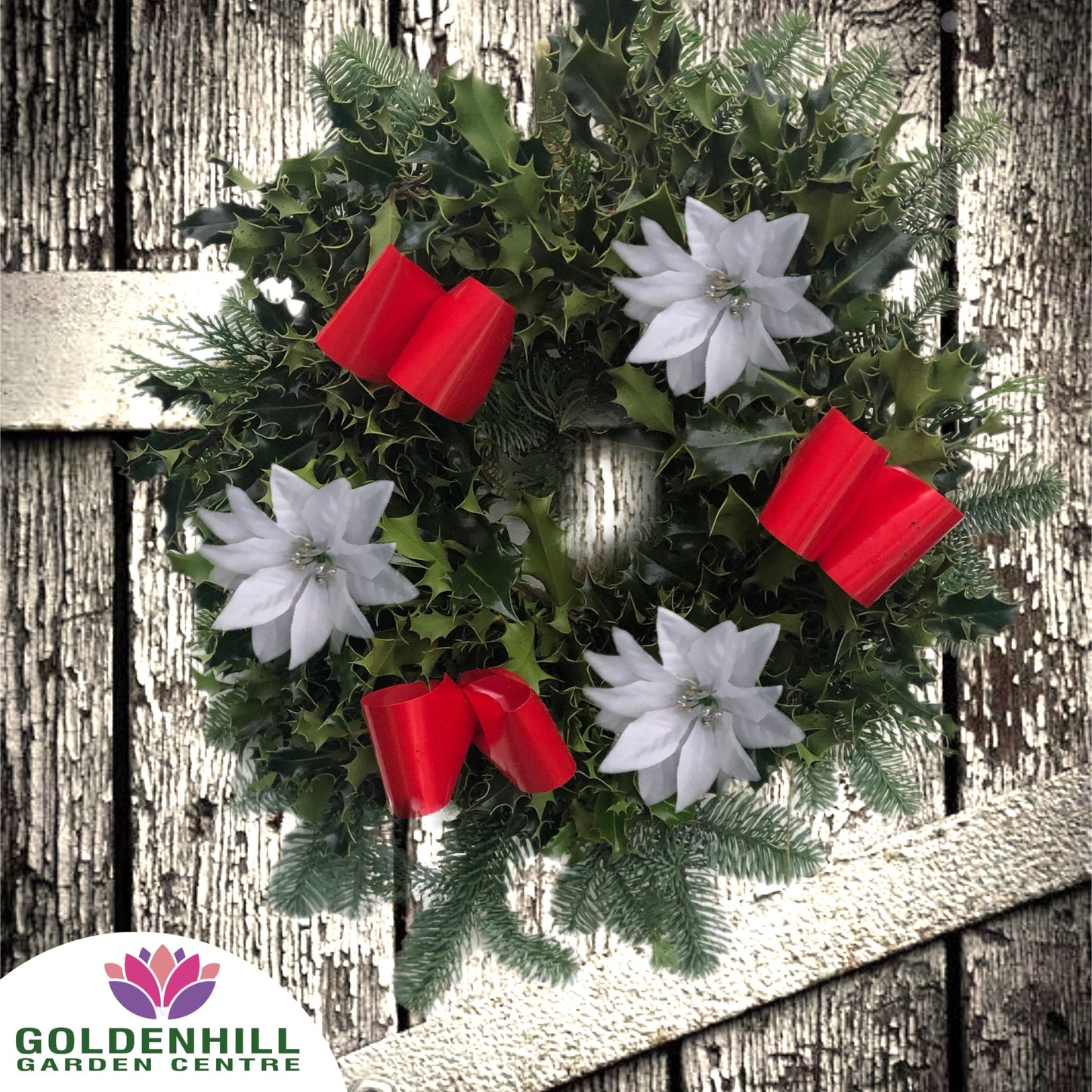 Traditional Holly Wreath with Ribbons & Christmas flowers
