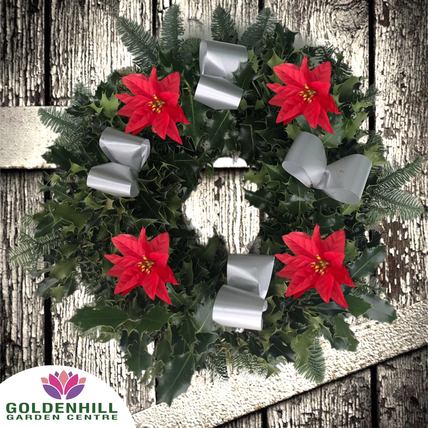 Traditional Holly Wreath with Ribbons & Christmas flowers