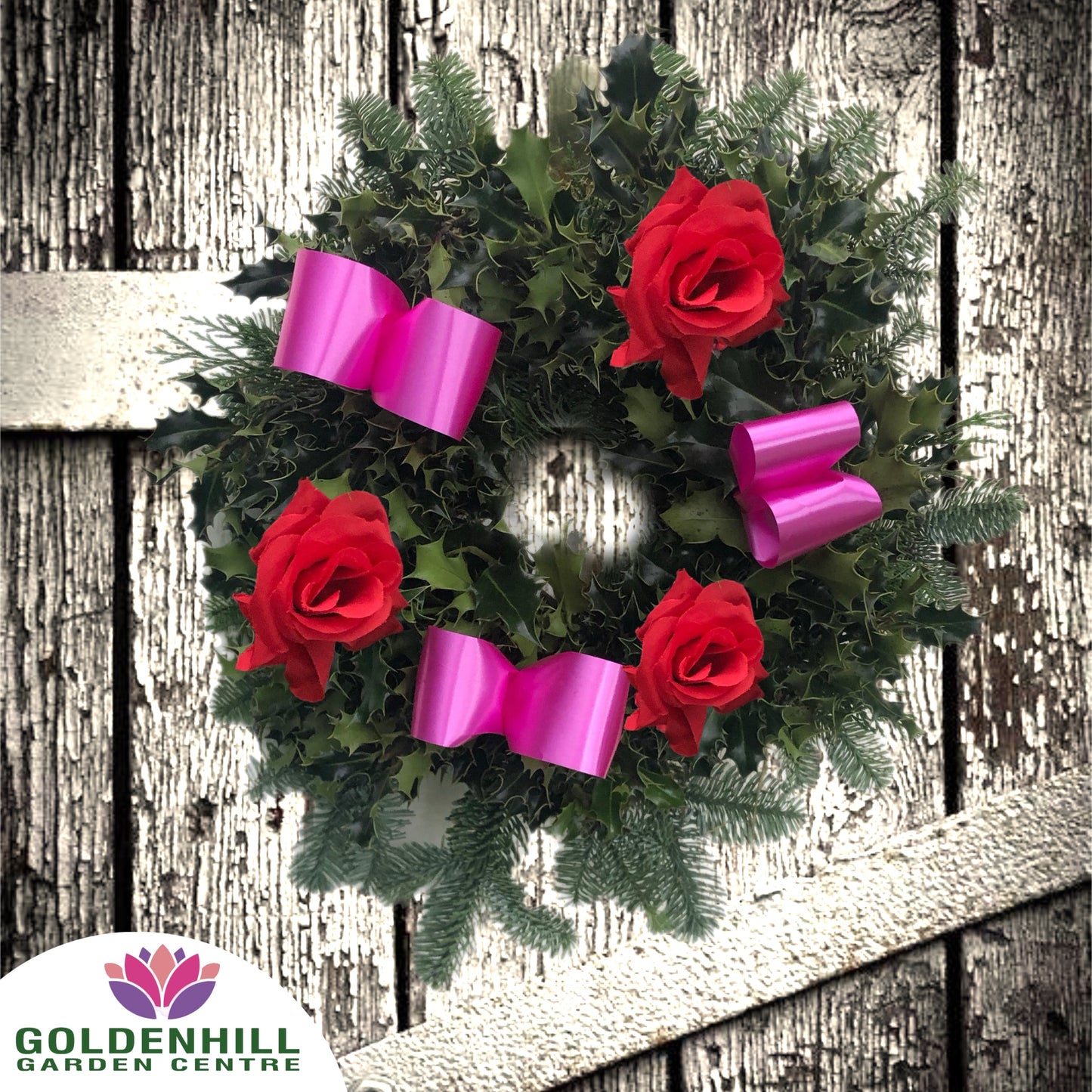 Traditional Holly Wreath Small with Flowers & Ribbons