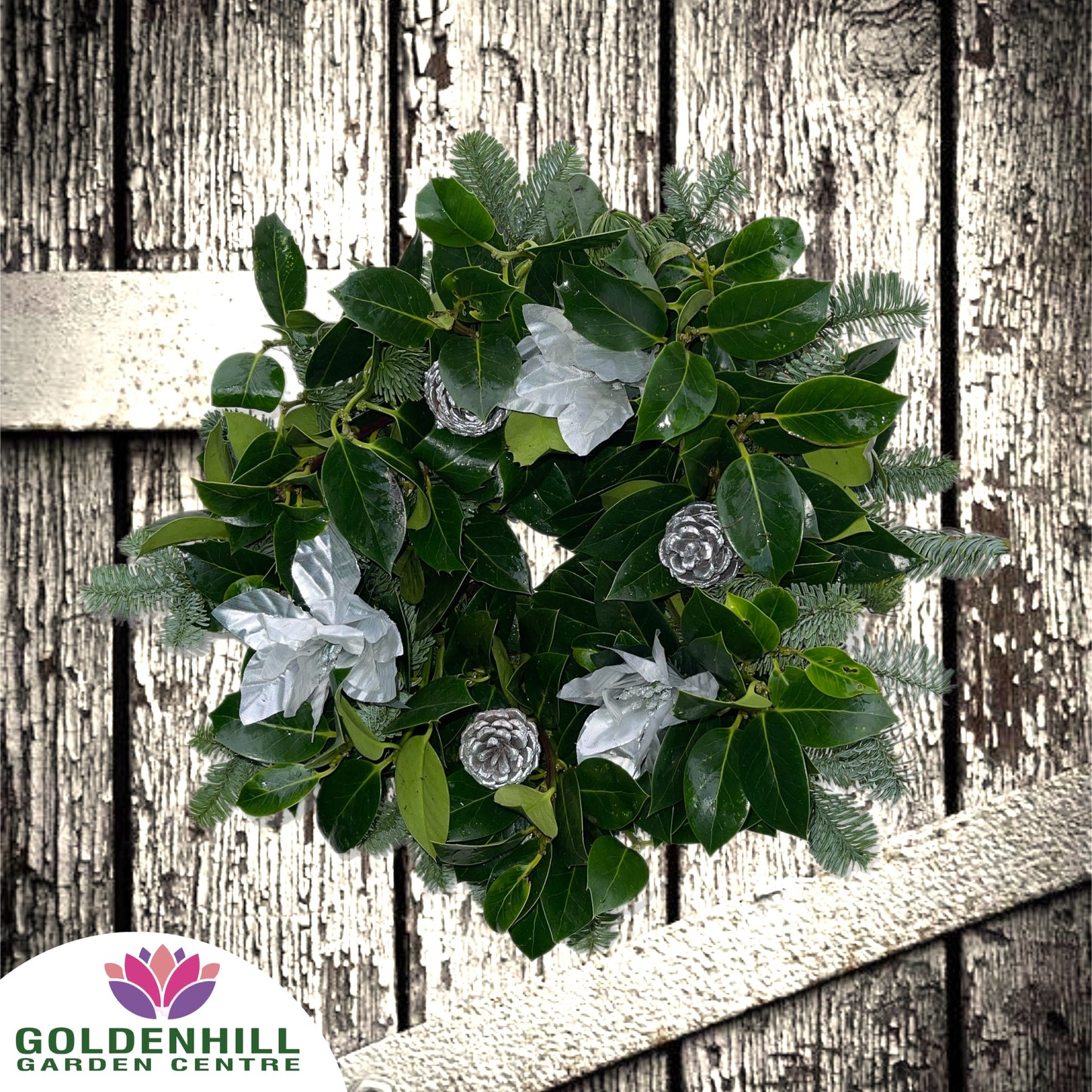 Traditional Holly Wreath with Christmas Flowers & Pine Cones