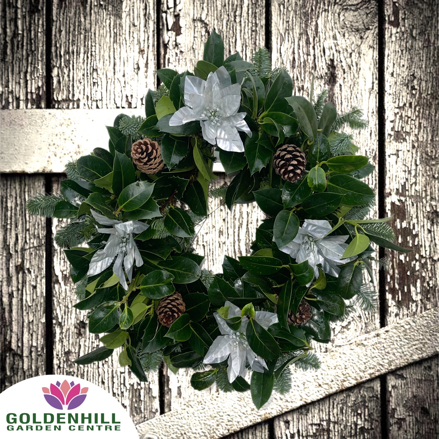Traditional Holly Wreath with Christmas Flowers & Pine Cones