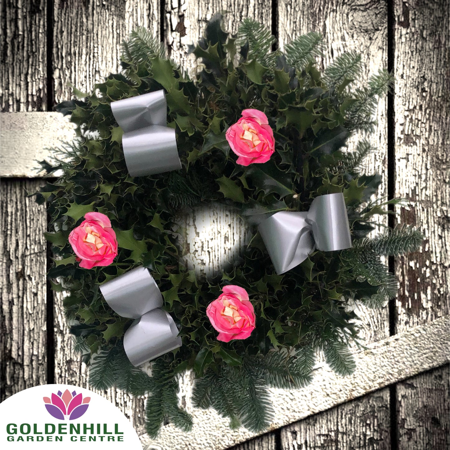 Traditional Holly Wreath Small with Flowers & Ribbons