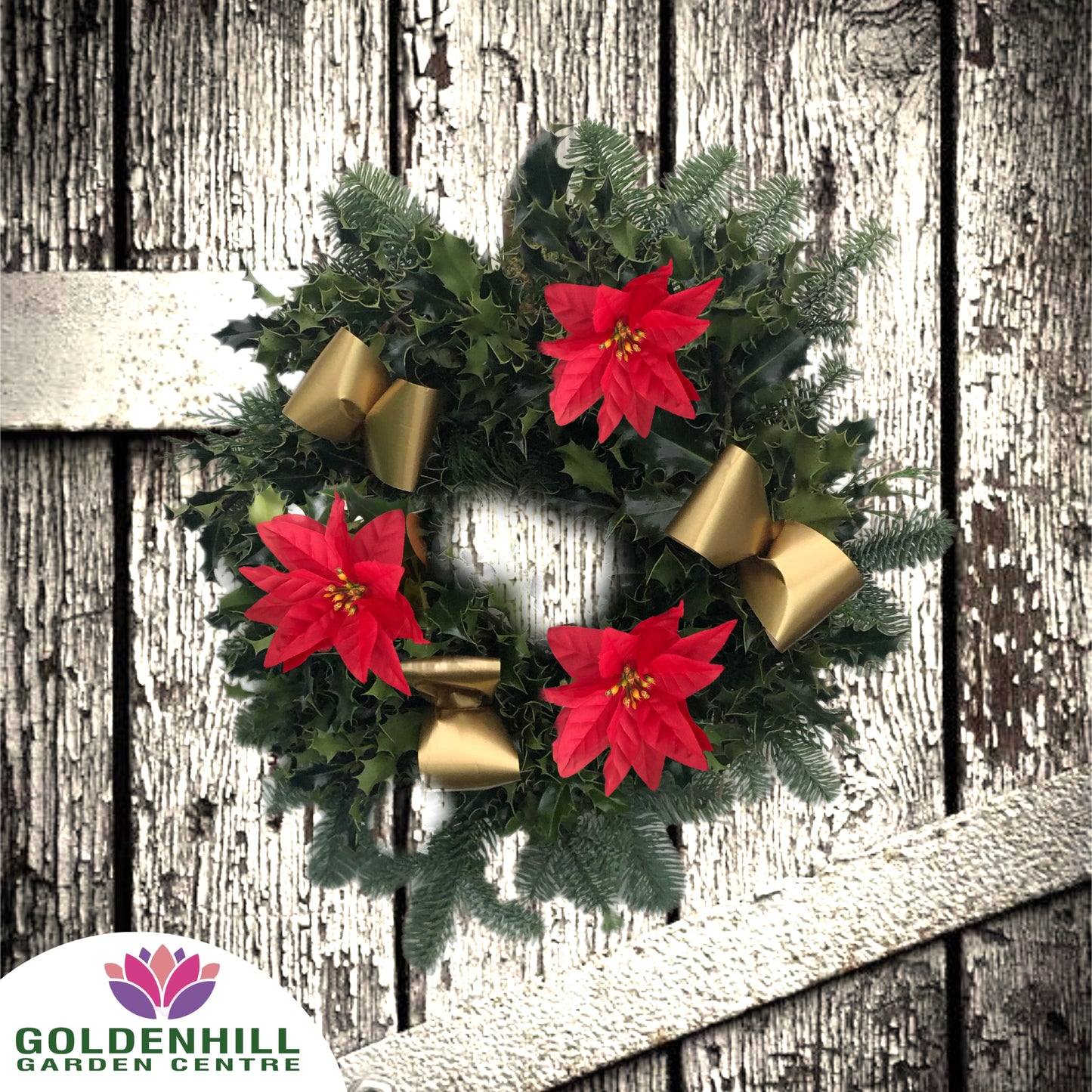 Traditional Holly Wreath with Ribbons & Christmas flowers