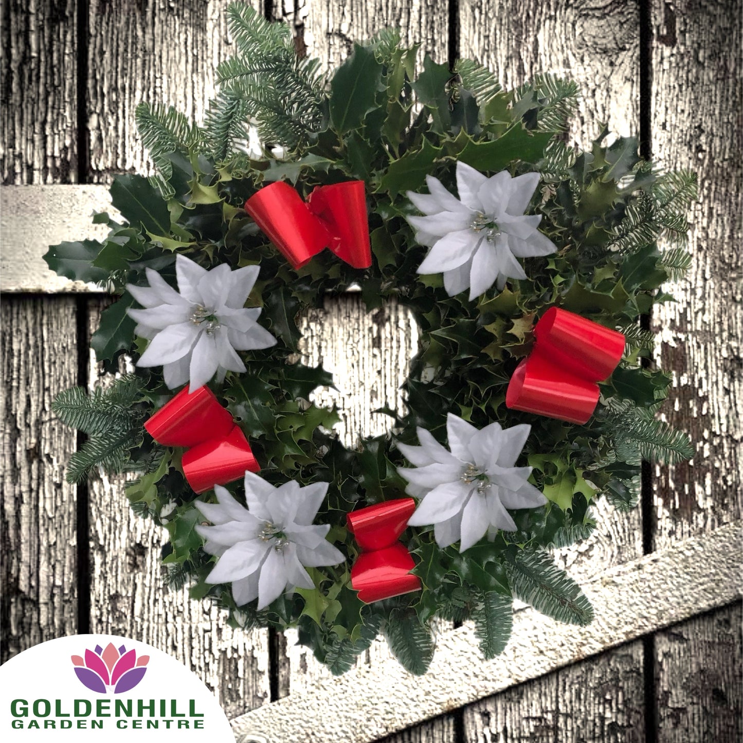 Traditional Holly Wreath with Ribbons & Christmas flowers