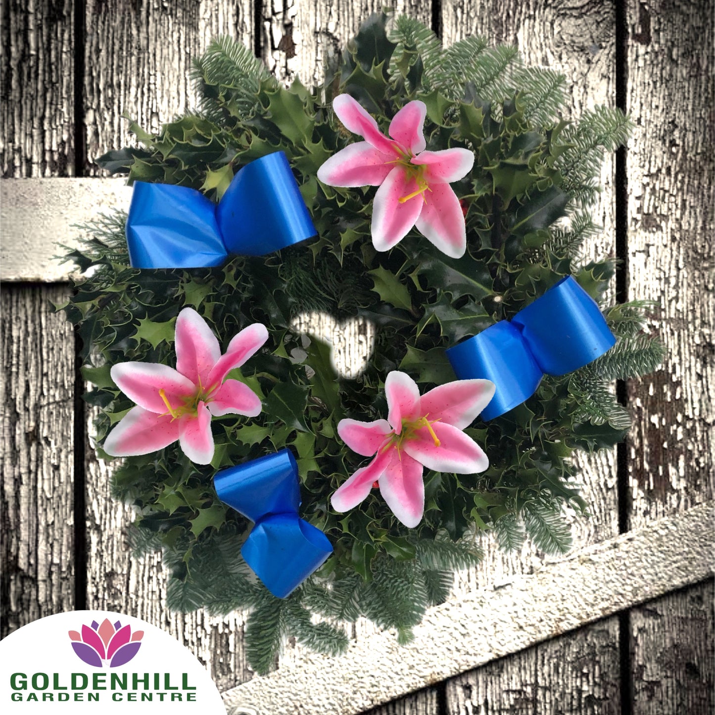 Traditional Holly Wreath Small with Flowers & Ribbons