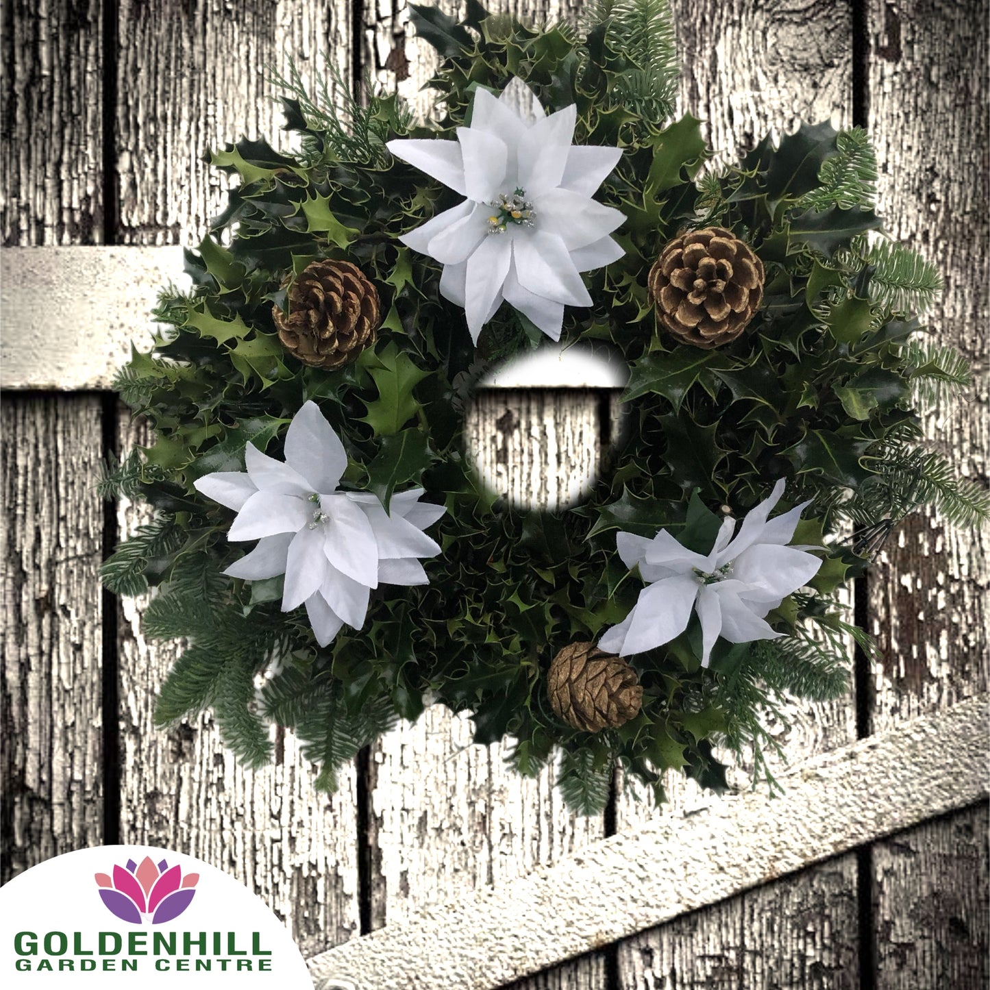 Traditional Holly Wreath with Christmas Flowers & Pine Cones
