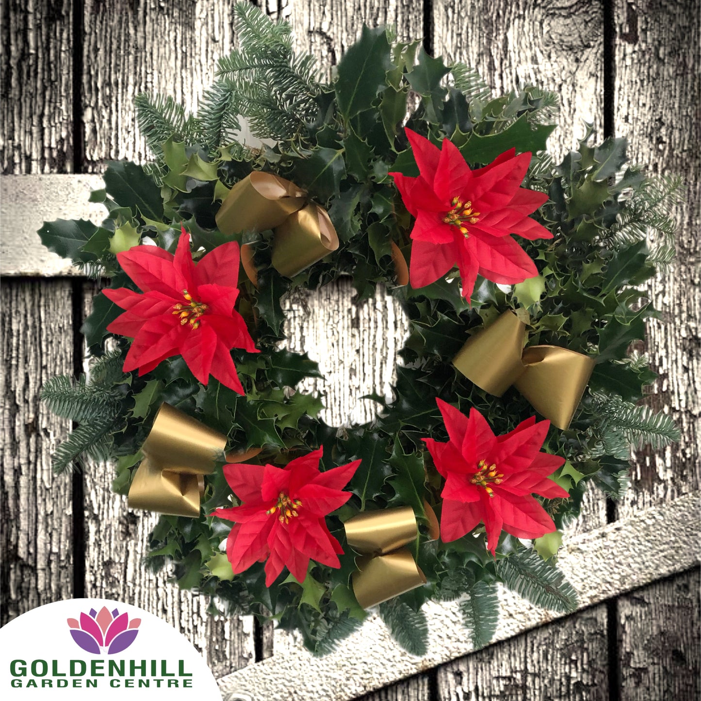 Traditional Holly Wreath with Ribbons & Christmas flowers