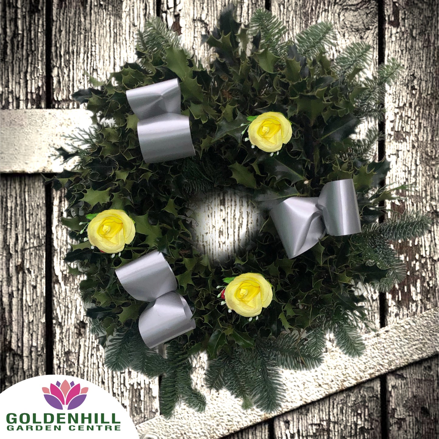 Traditional Holly Wreath Small with Flowers & Ribbons