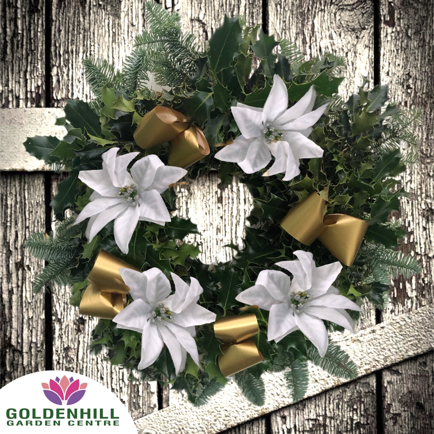 Traditional Holly Wreath with Ribbons & Christmas flowers