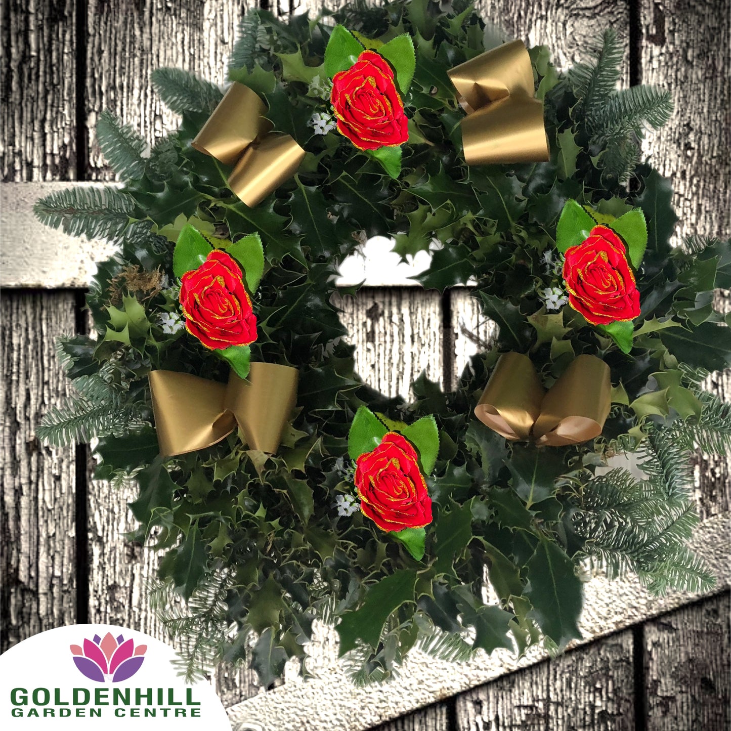 Traditional Holly Wreath with Ribbons & Christmas flowers