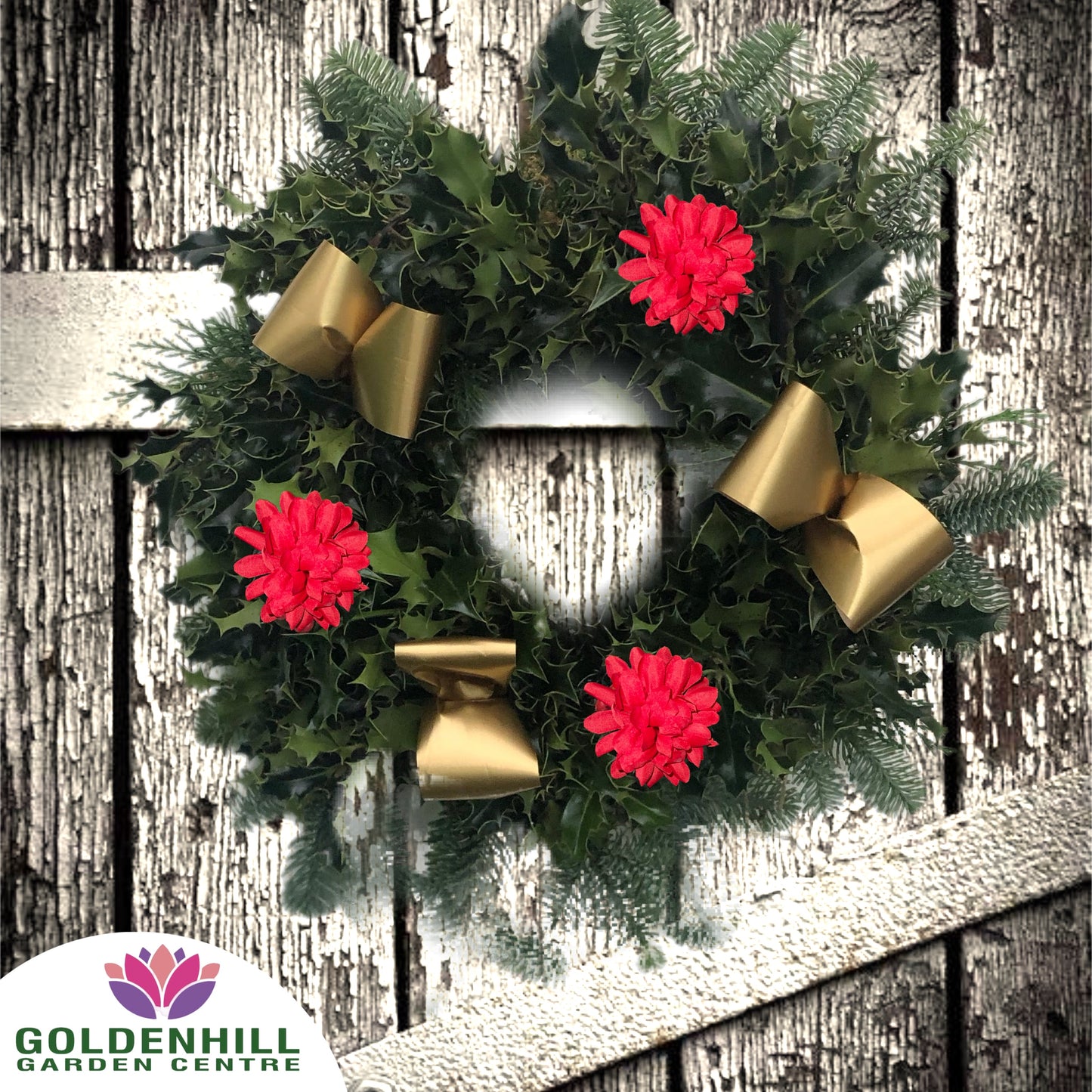 Traditional Holly Wreath Small with Flowers & Ribbons