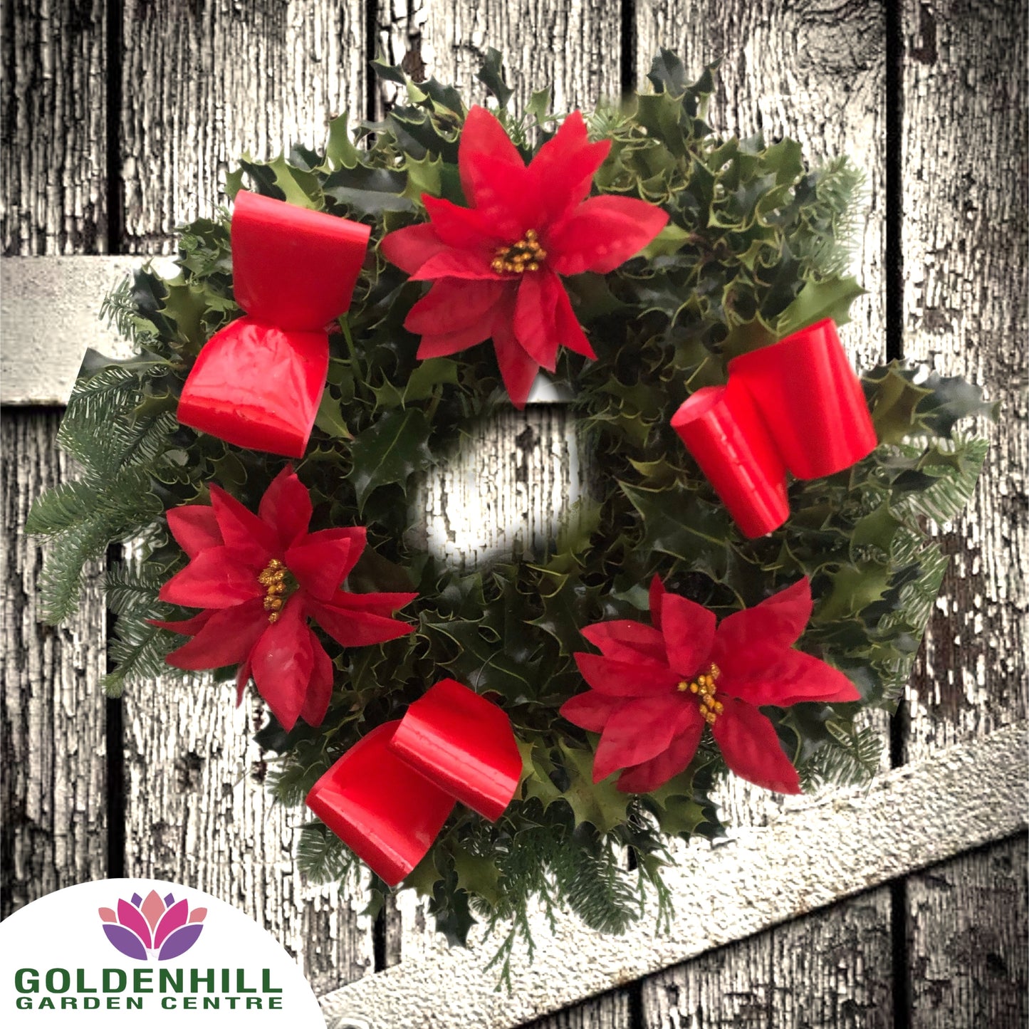 Traditional Holly Wreath with Ribbons & Christmas flowers