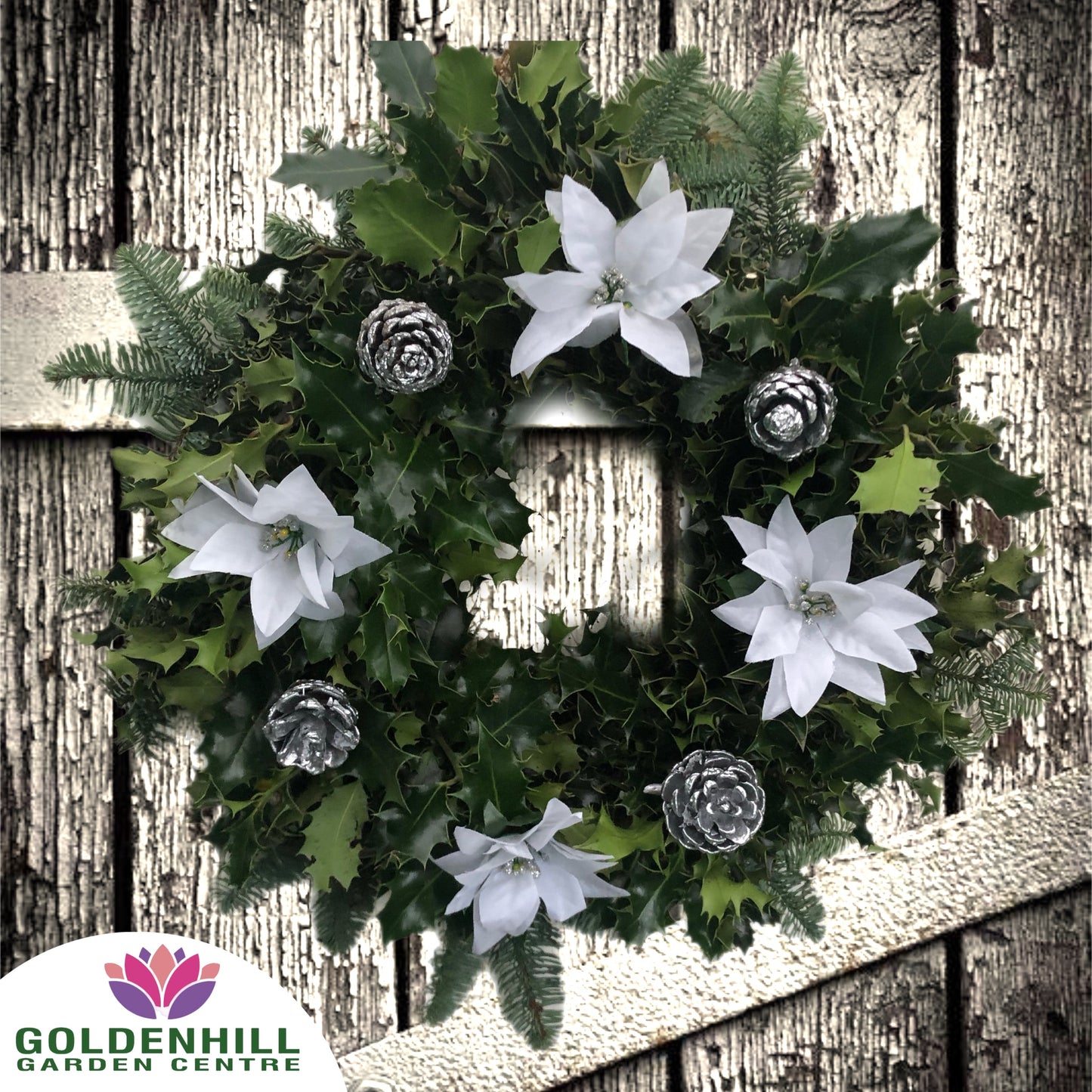 Traditional Holly Wreath with Christmas Flowers & Pine Cones