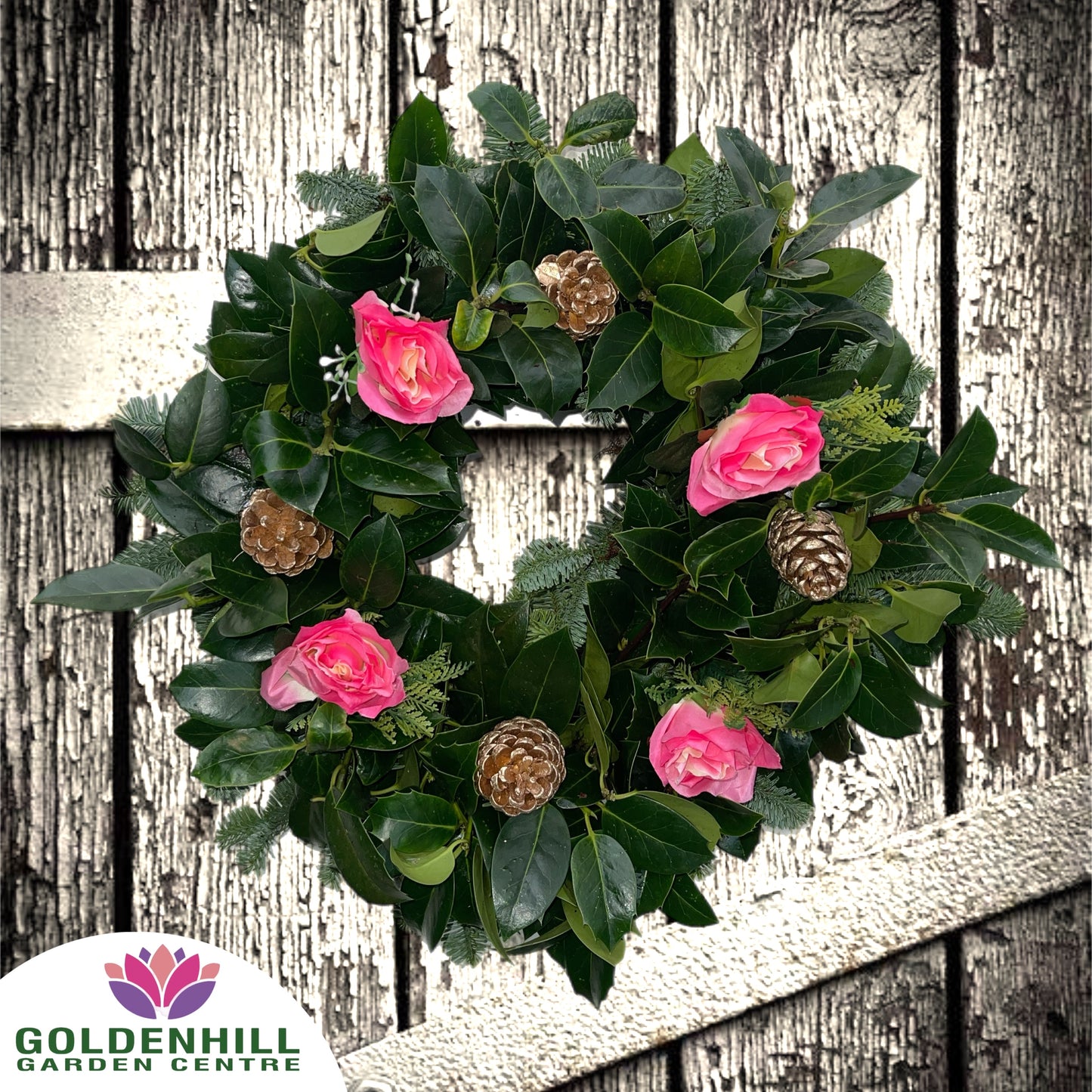 Traditional Holly Wreath with Flowers & Pine Cones