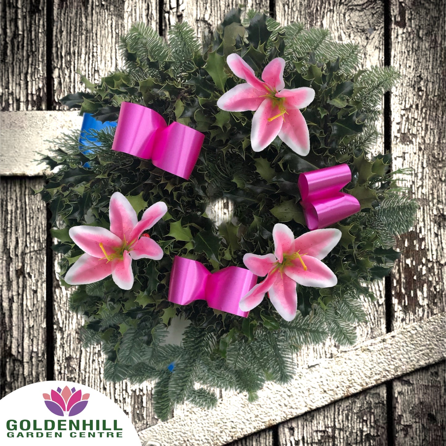 Traditional Holly Wreath Small with Flowers & Ribbons