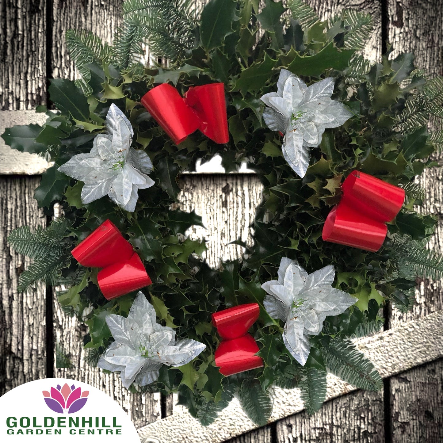 Traditional Holly Wreath with Ribbons & Christmas flowers