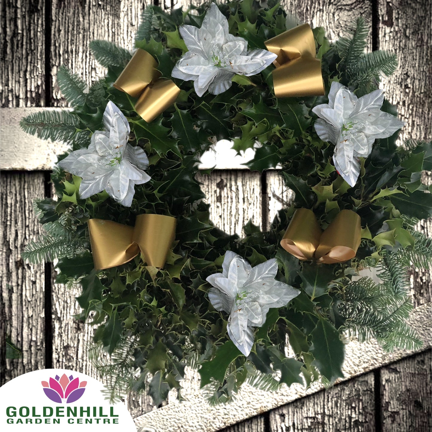 Traditional Holly Wreath with Ribbons & Christmas flowers