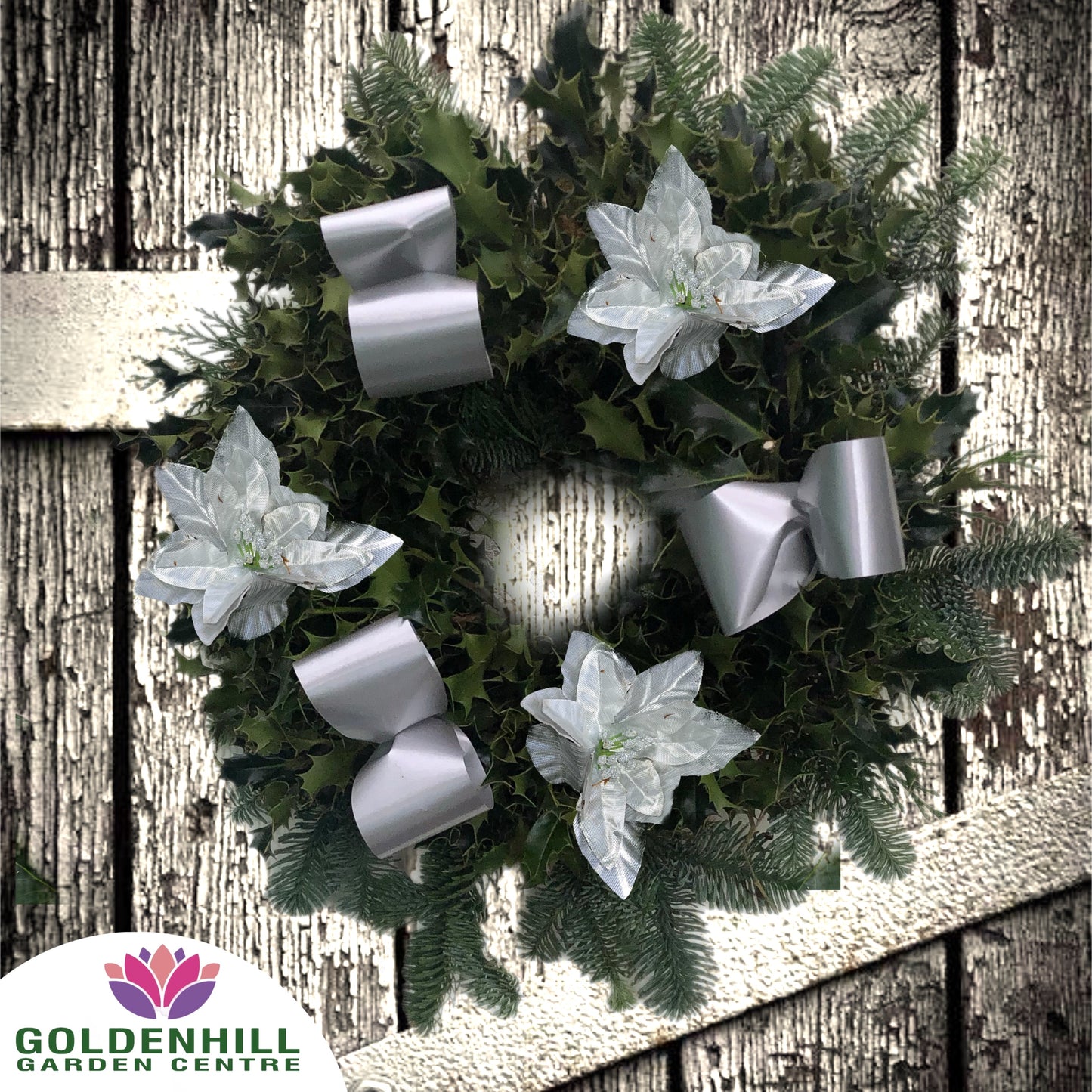 Traditional Holly Wreath with Ribbons & Christmas flowers