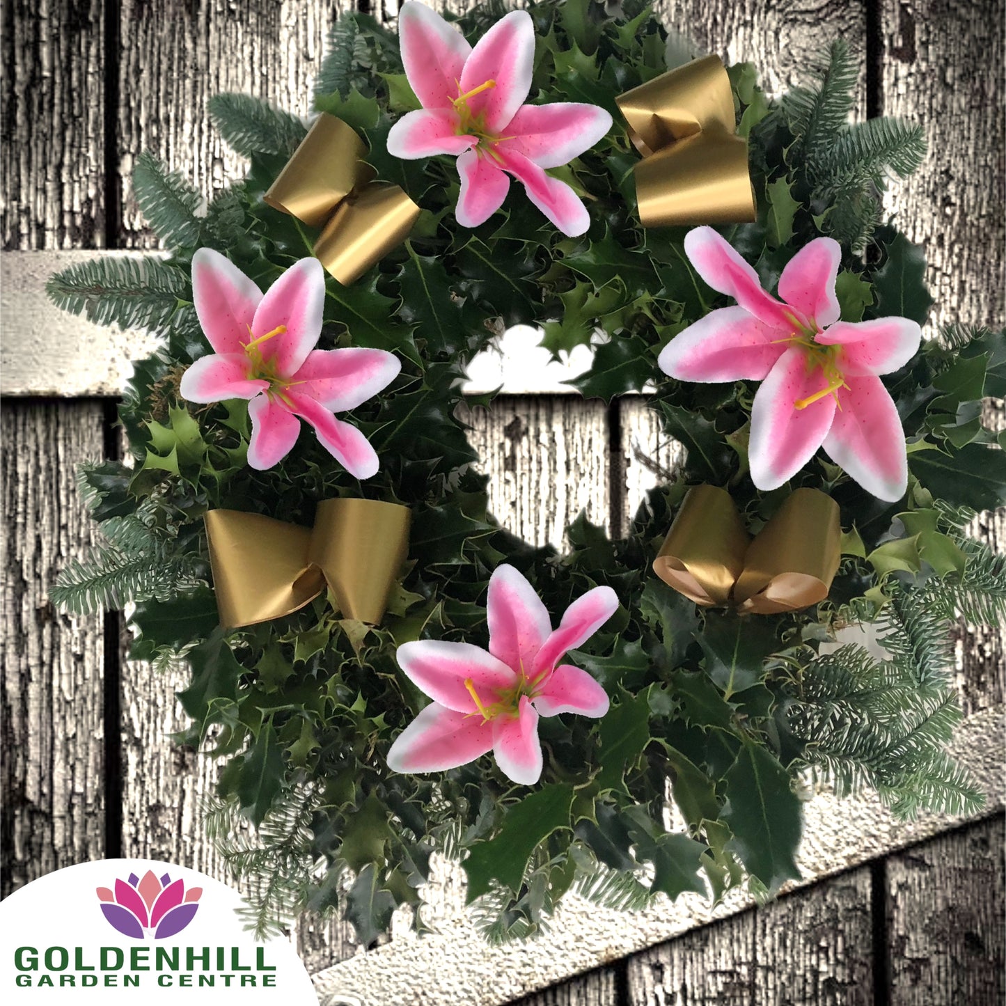Traditional Holly Wreath Large with Flowers & Ribbons