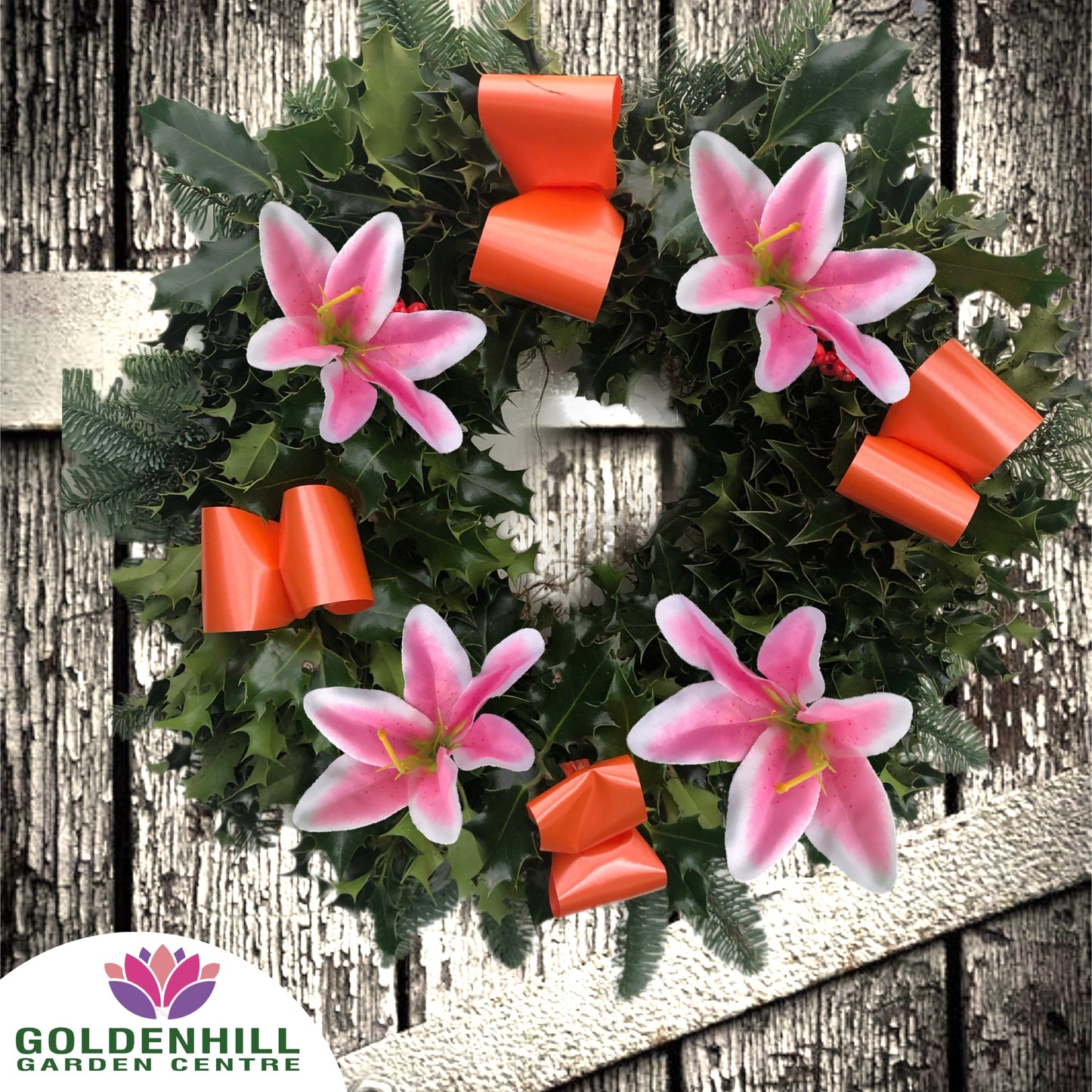 Traditional Holly Wreath Large with Flowers & Ribbons