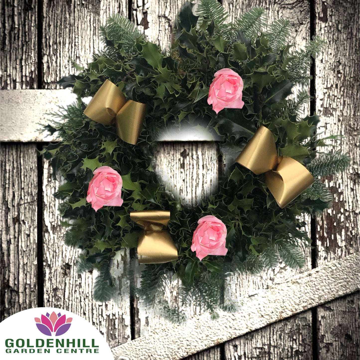 Traditional Holly Wreath Small with Flowers & Ribbons